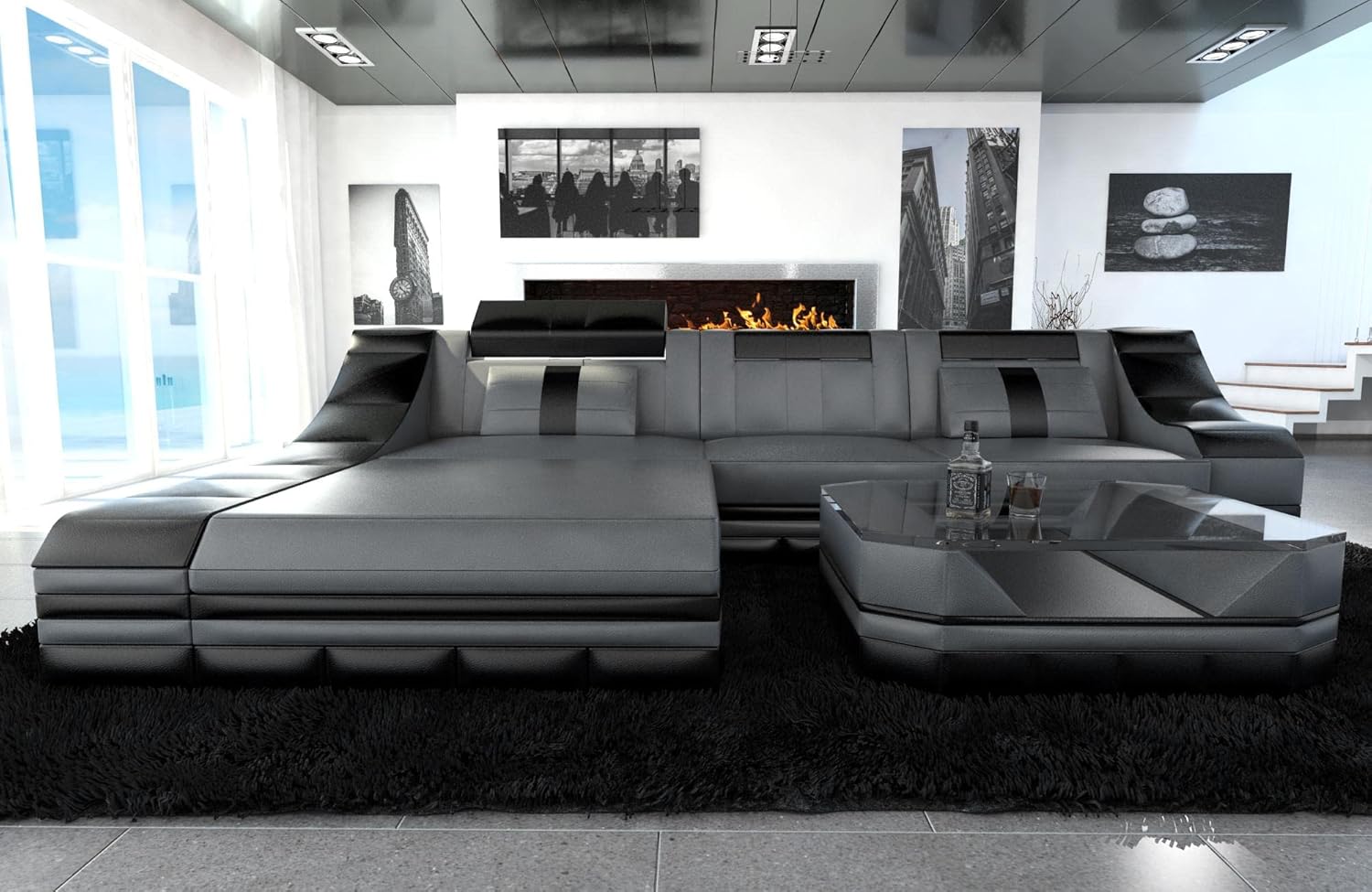 Sofa Dreams Ledersofa Turino L Form Ecksofa - mit LED Beleuchtung, verstellbare Kopfstützen, Recamiere/Lederfarben wählbar/Ausrichtung wählbar (Ottomane Links, Grau-Schwarz)