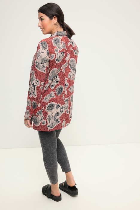 Hemdbluse, Boxy Shape, Flower-Print, Hemdkragen, Langarm