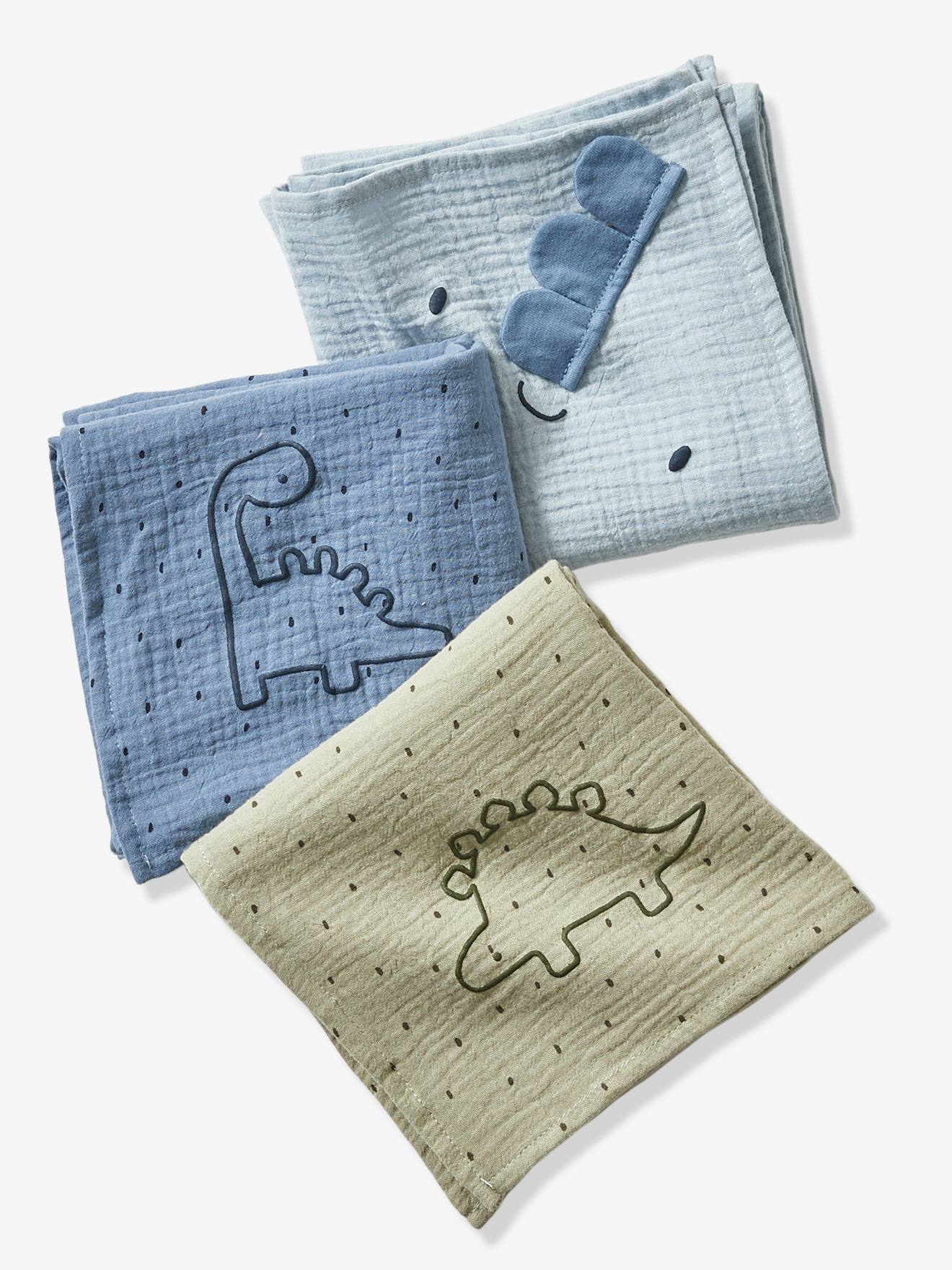 Lote de 3 paninhos de gaze de algodão com estampa de dinossauro azul escuro (pequena).