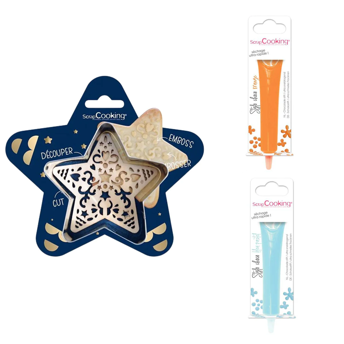 Kit pour biscuit en relief Étoile + 2 Stylos au chocolat orange et ble