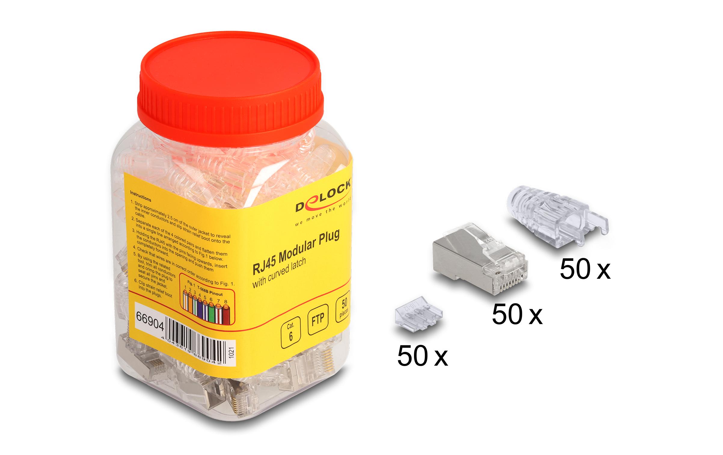 Stecker RJ45, FTP, Cat.6 50 Stück, TransparentDelock RJ45 Modularer Stecker mit gebogener Rastnase Cat.6 und Knickschutztülle 50er Set