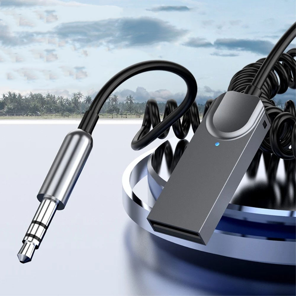 (1.2m) KFZ Bluetooth 5.1 Audio Receiver mit Freisprecheinrichtung   3.5mm Klinkeadapter Spiralkabel - Grau / Schwarz