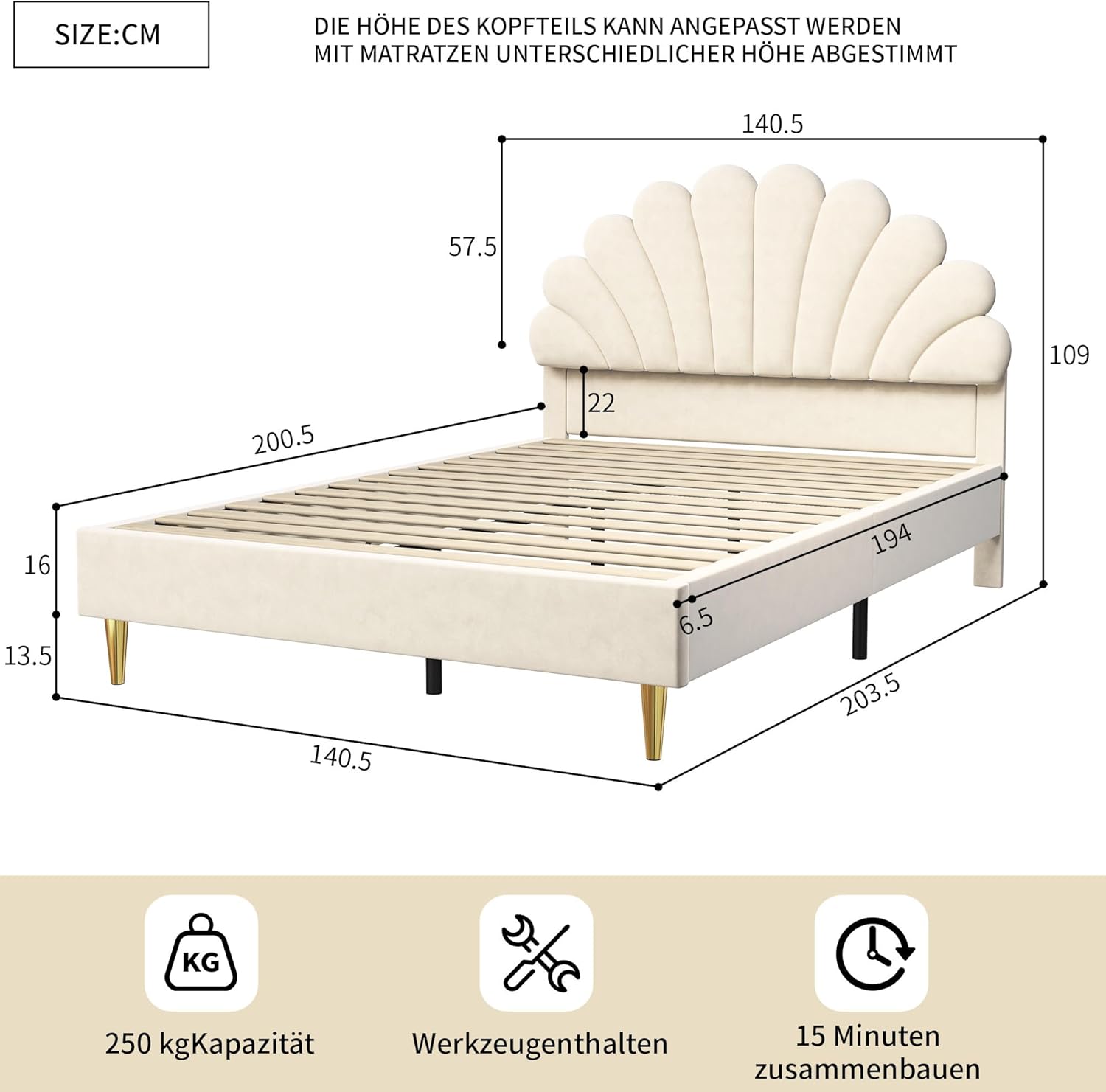 Kinderbett Polsterbett 140x200 cm, Bettgestell für Mädchen mit geblümtem Kopfteil und Lattenrost, Samt Doppelbett muschelartiges Bett mit goldenen Eisenbeinen, ohne Matratze (Beige)