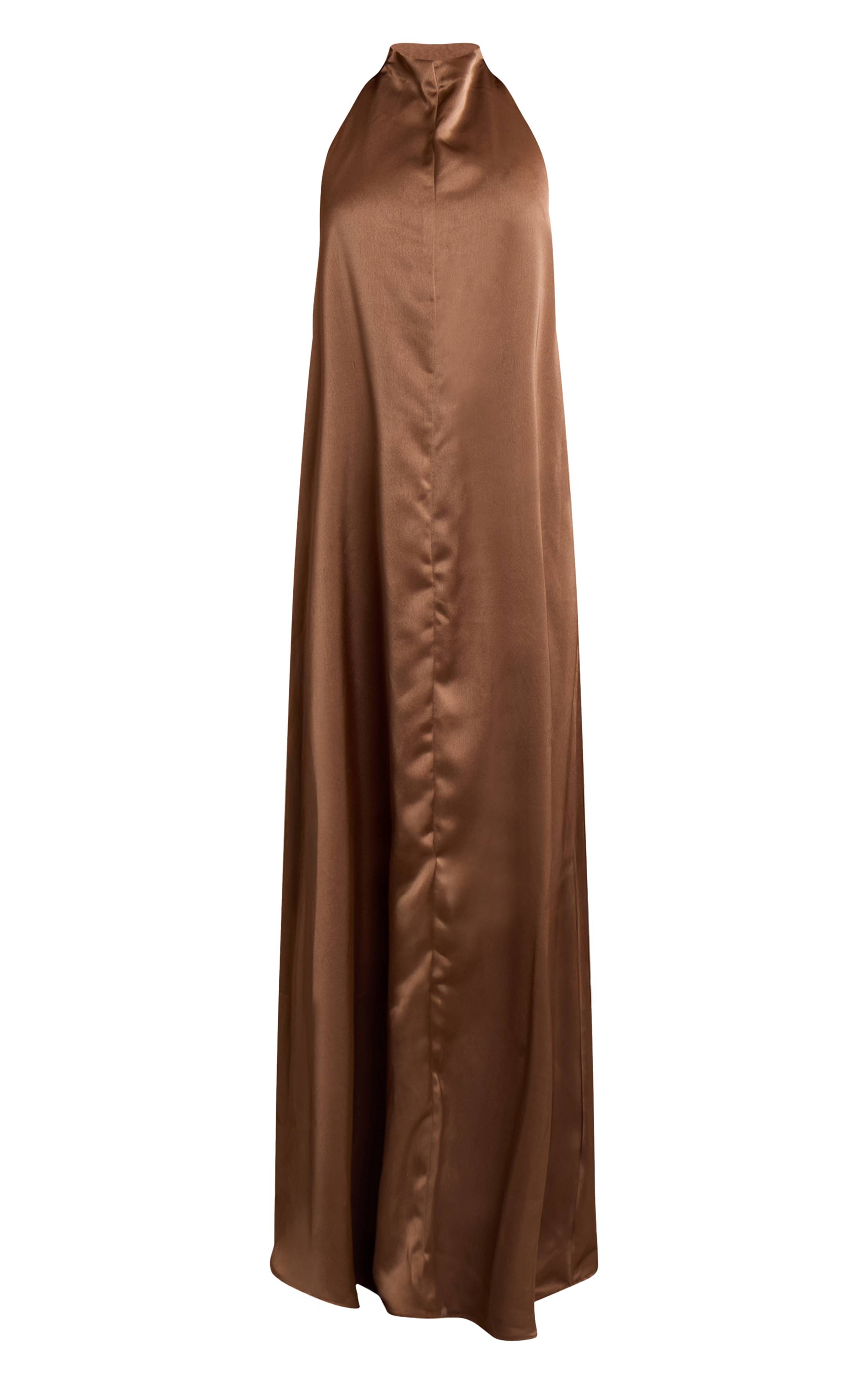 Chocolat Robe Longue En Satin À Col Haut Échancré Et Dos Nu Extrême