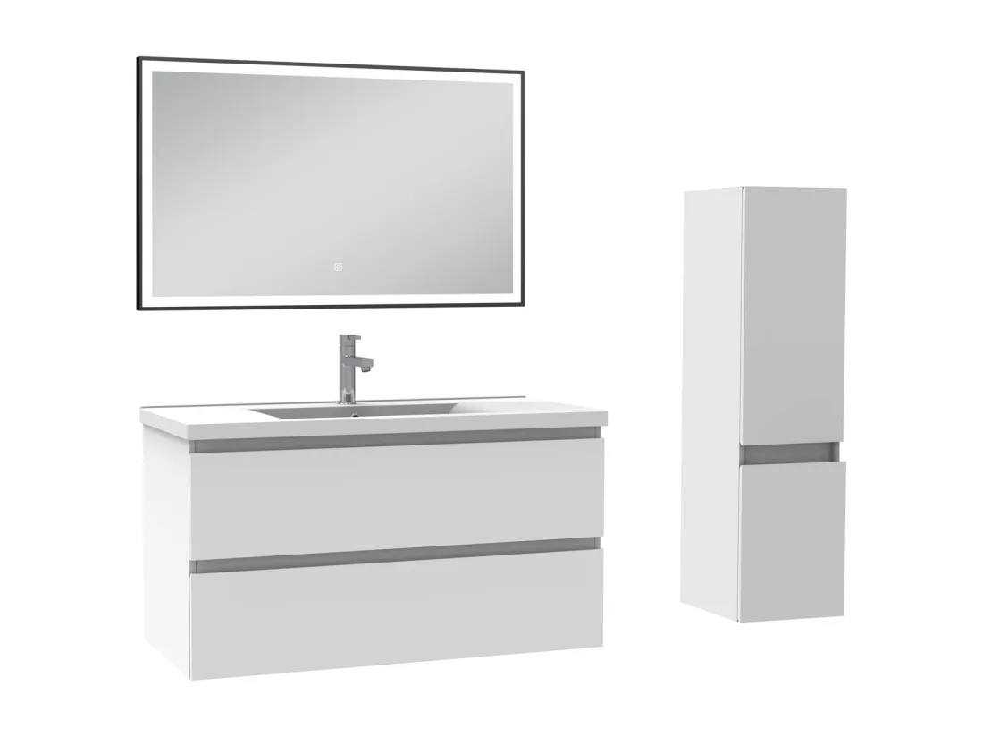 Meuble salle de Bain 100cm simple vasque avec colonne et miroir 3 couleurs blanc