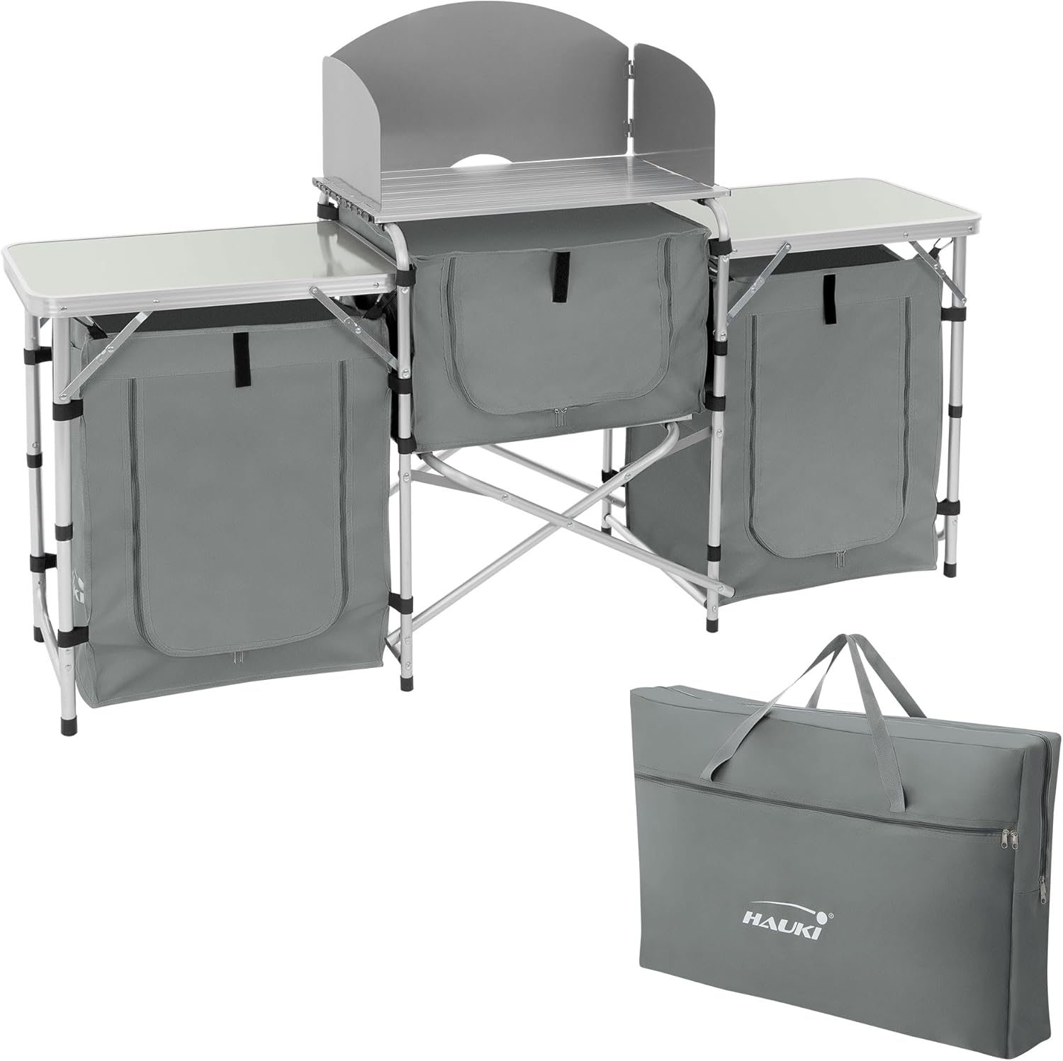 Hauki Camping Küche Campingschrank faltbar mit Tragetasche, Reiseküche mit Windschutz, Küchenschrank mit Arbeitsplatte, Staufächern, Alu Outdoorküche Faltschrank Küchenbox klappbar Zeltschrank tragbar