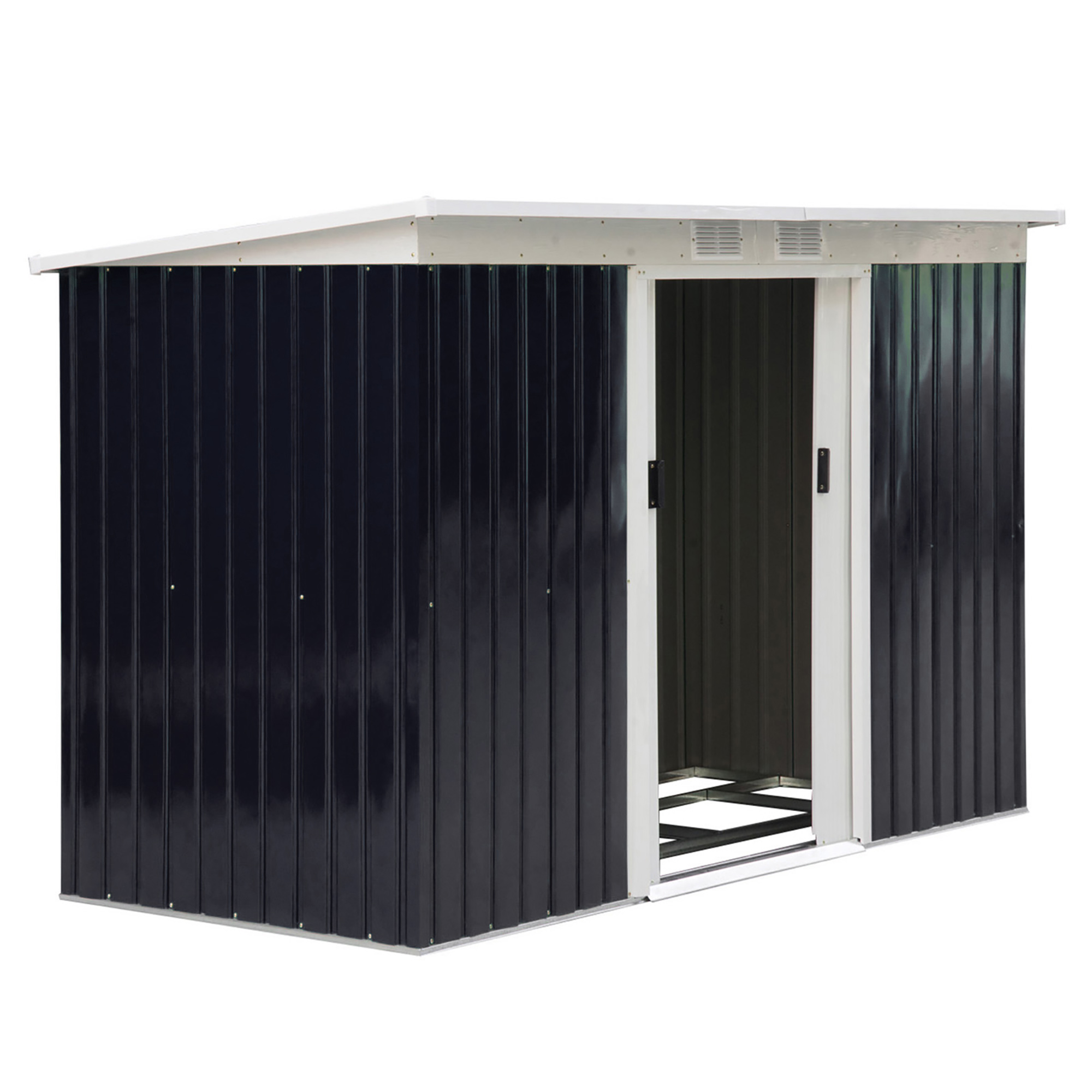 Abrigo de ferramentas externo Outsunny em metal com 2 portas de correr e 2 orifícios de ventilação, cinza escuro.