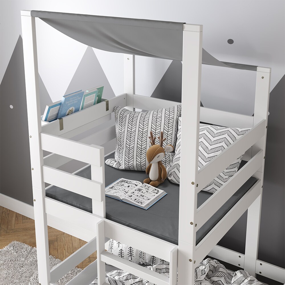 VitaliSpa Spielturmbett Kinderbett Spielbett Tom Weiß modern 204x218 cm Massivholz Kinderzimmer Lattenrost Bettleiter Matratze Abenteuerbett Kletterbett