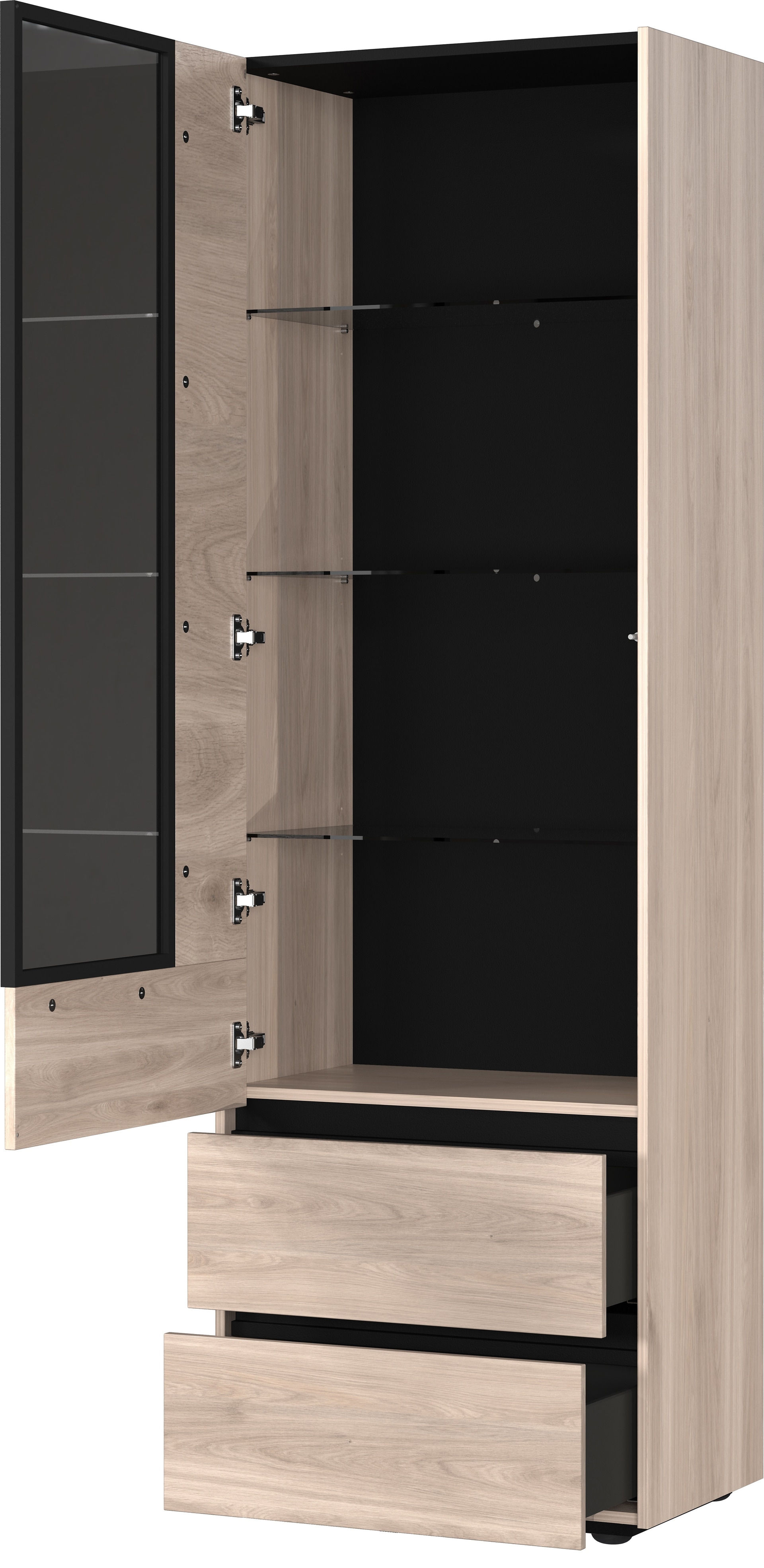 Vitrinenschrank EMMA 84 x 206 cm Castello-Eiche-Dekor beige/schwarz