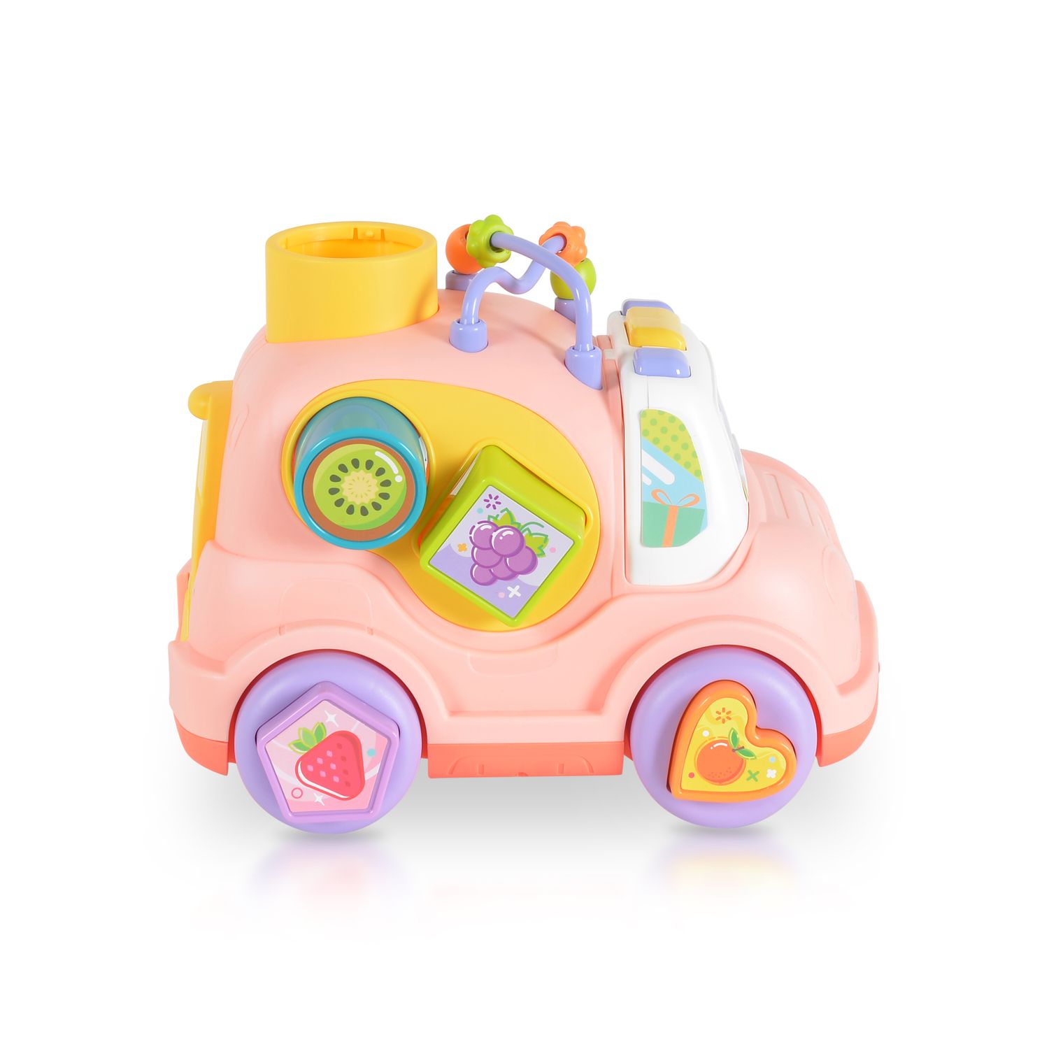Moni Sortierspiel Auto, Musik Licht, 4 Formen, Hammer, Motorikschleife, 3 Bälle rosa