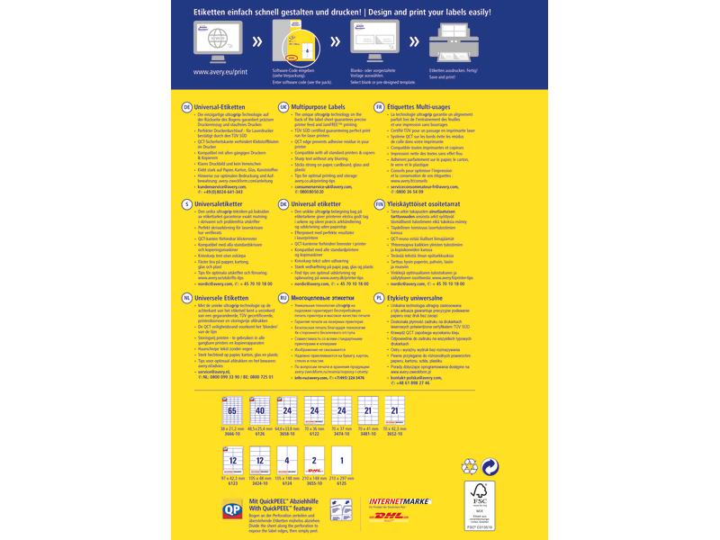 Avery Zweckform Universal-Etiketten 6122 70 x 36 mm, 10 Bla Weisse Aufkleber, permanent haftend