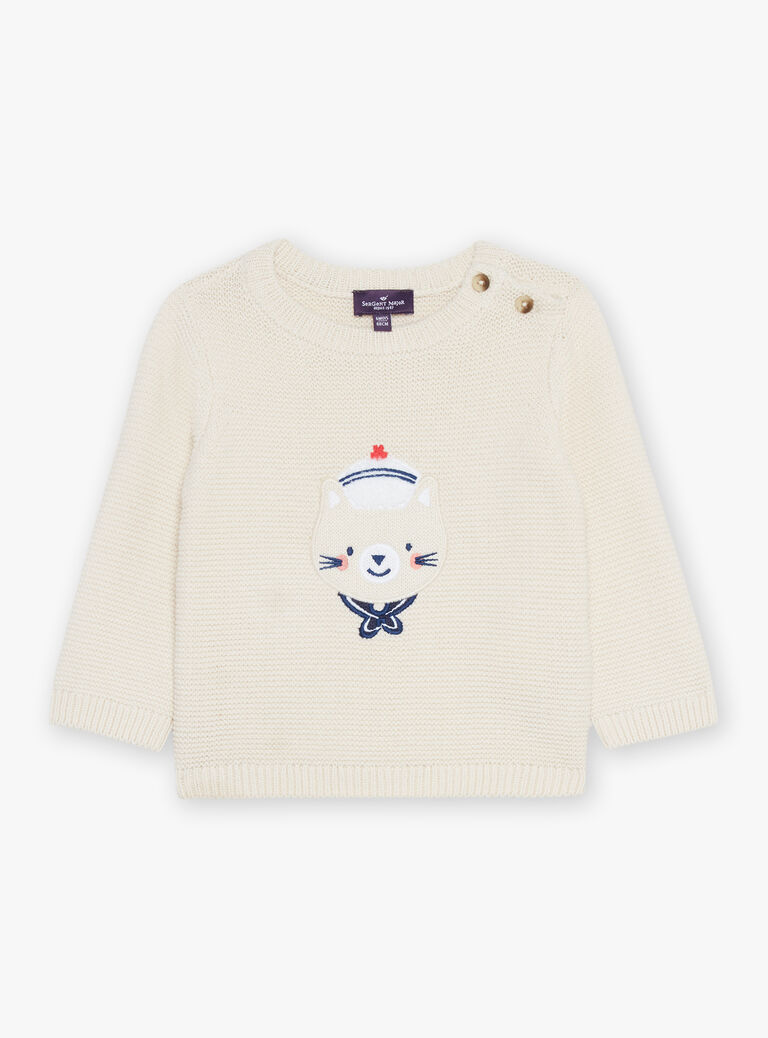 Pull beige chiné en tricot avec chat marin