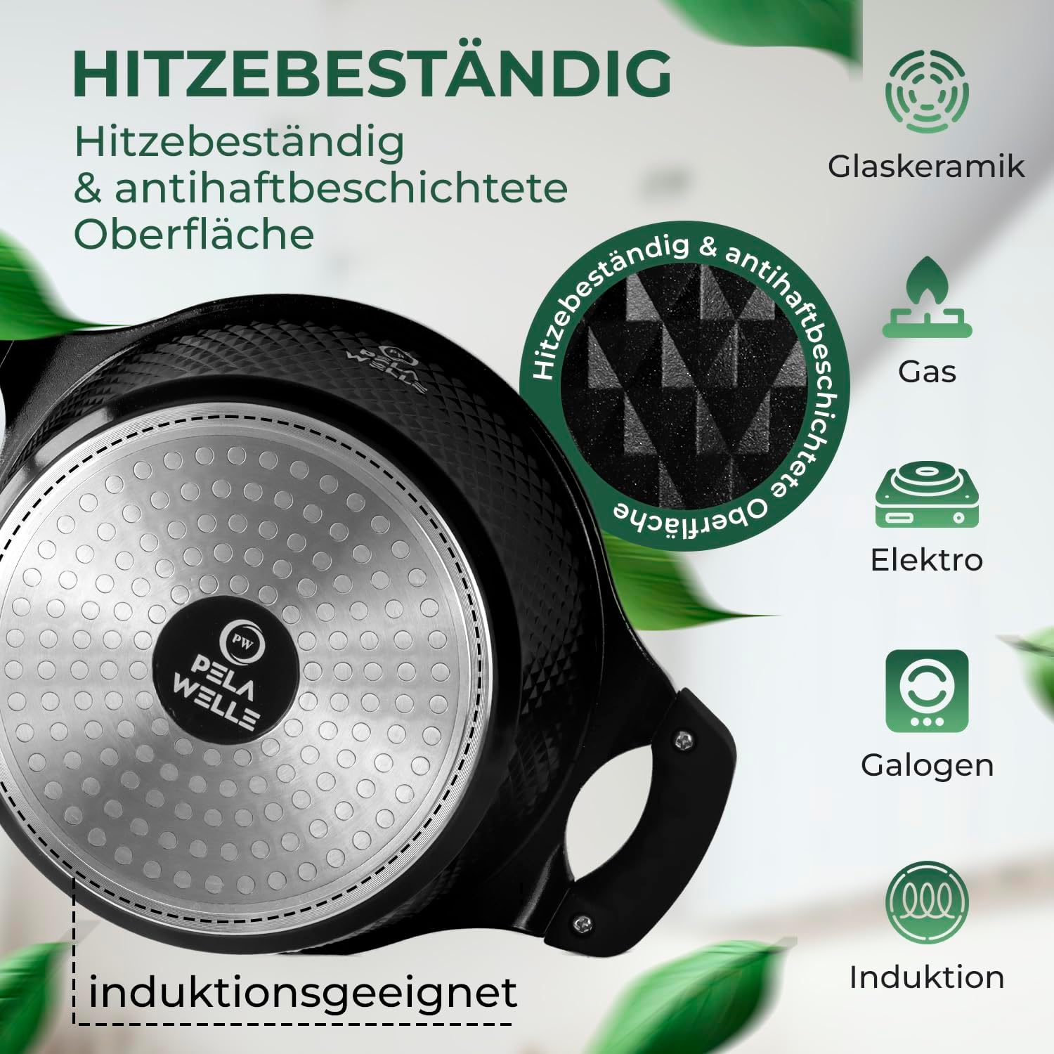 Pela Welle® Topfset Induktion [15-teilig Keramik] inkl. Küchenhelfer, antihaftbeschichtete Töpfe Induktion | Topfset schwarz | Kochtopf Set | Induktions Töpfe Set | Kochtöpfe | Topfsets