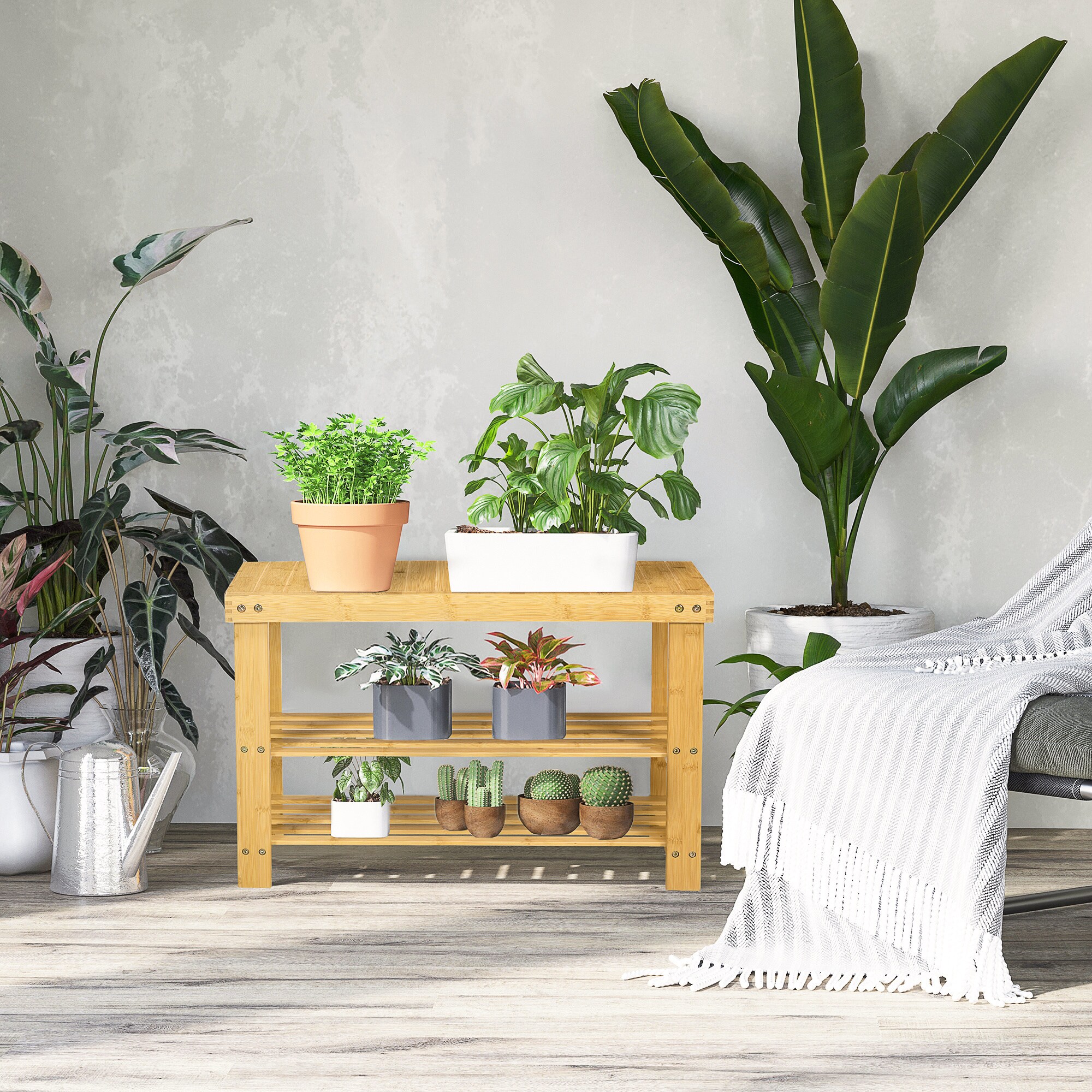 HOMCOM Lamellenschuhregal mit drei Ebenen natur 70L x 28B x 45H cm