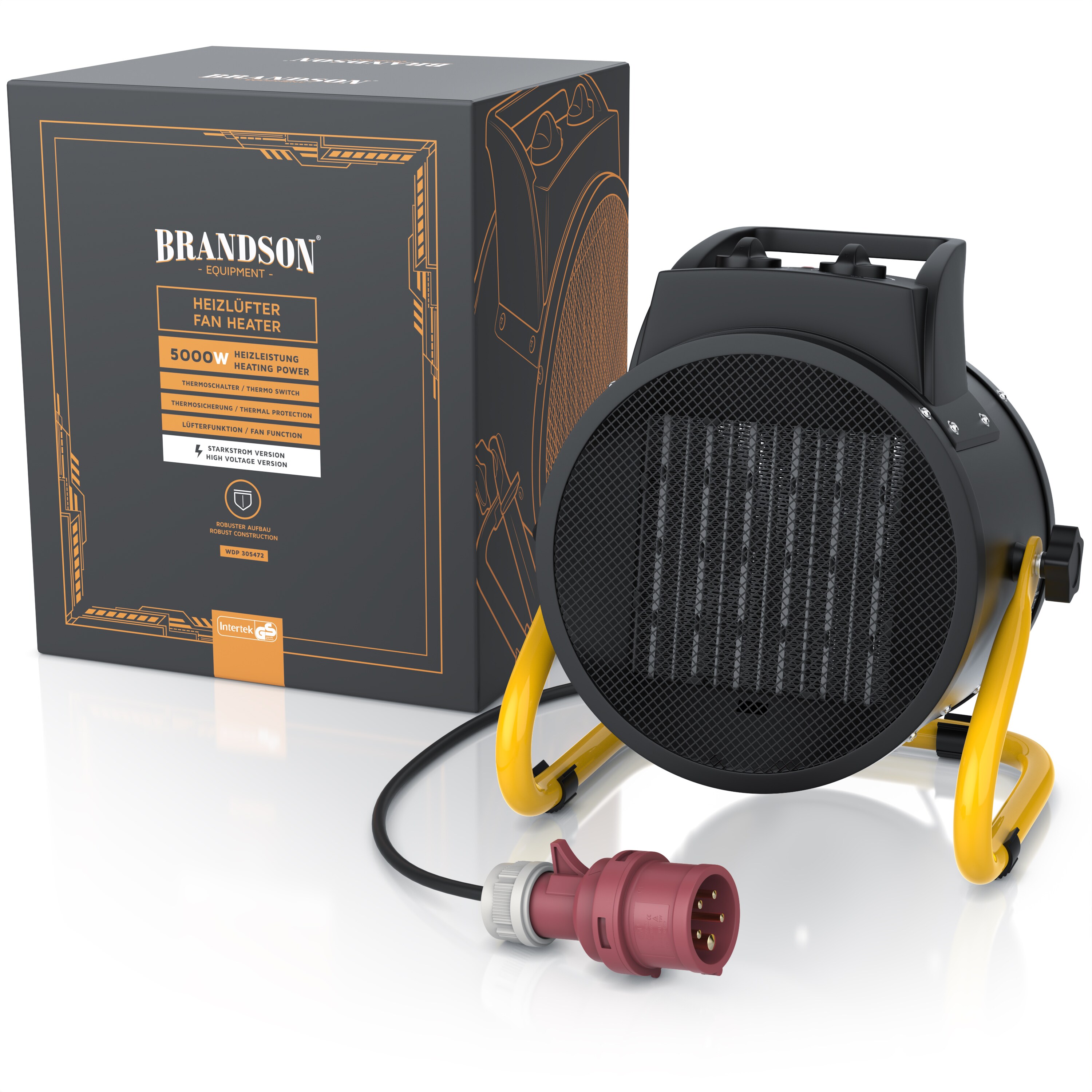 Brandson Bauheizer 5000W, Heizlüfter, 2 Heizstufen, Überhitzungsschutz, Automatische Abschaltung, für Baustelle Garage Werkstatt Rohbau, Schwarz/Gelb