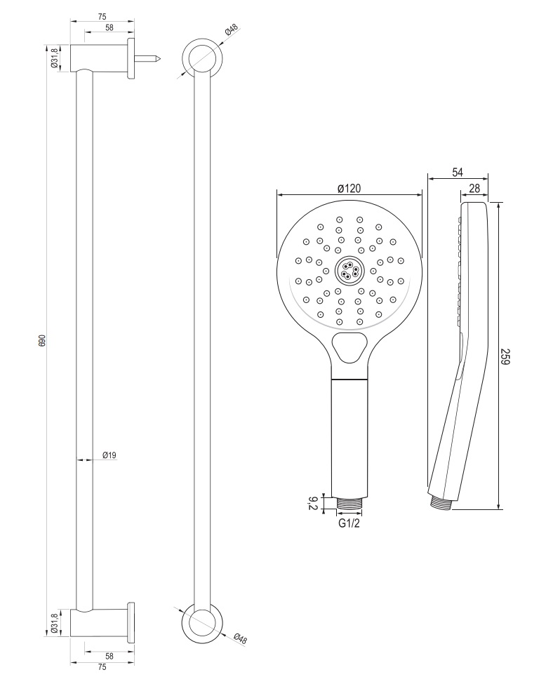Brauer Brushed Edition thermostatische badkraan met glijstang en 3 standen handdouche RVS geborsteld PVD