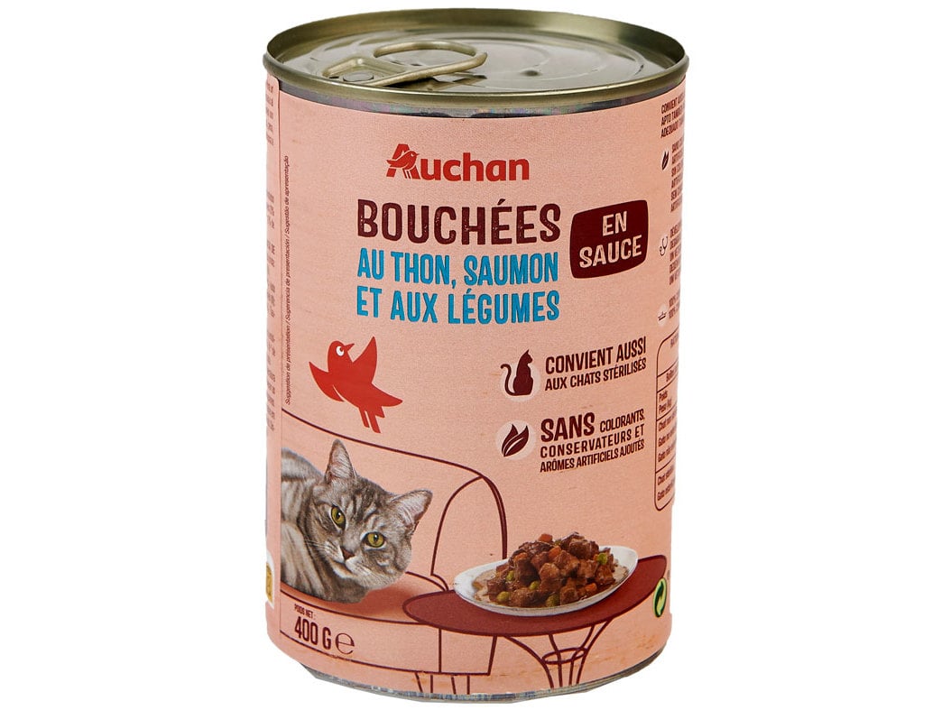 COMIDA HÚMIDA PARA GATO AUCHAN PEDAÇOS EM MOLHO COM ATUM COM SALMÃO E COM LEGUMES 400G