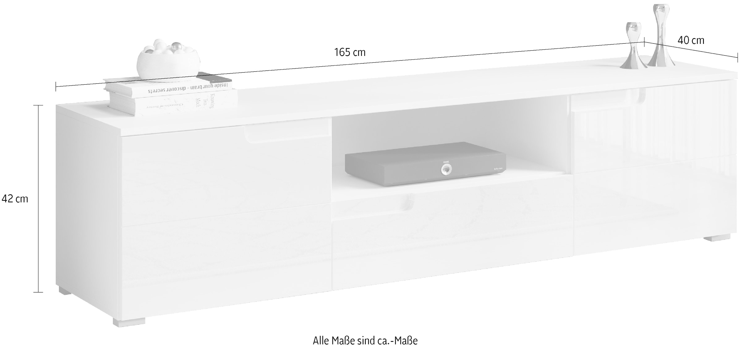 HBZ Lowboard »Spice weiss Hochglanz, TV Schrank bis 65 Zoll, BxHxT 165x42x40 cm« 1 Stk. tlg. Mit 2 Türen, 1 Schubkasten, 1 Kabeldurchführung, 1 offenes Fach