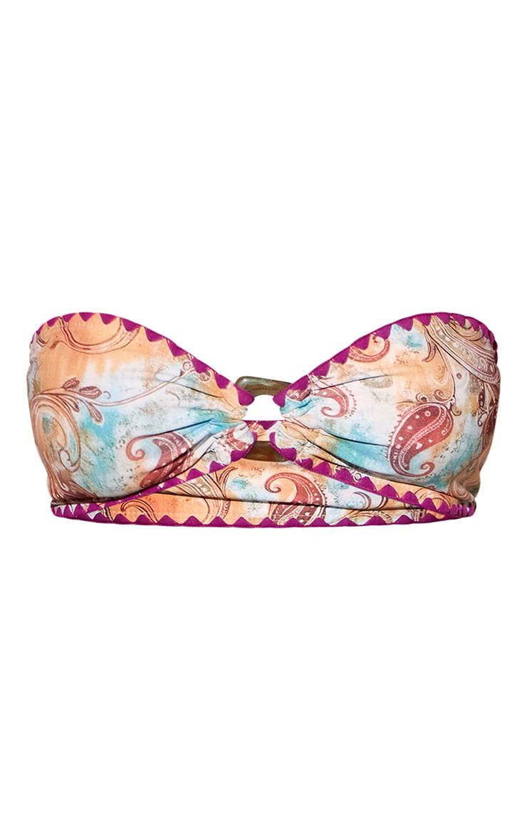 Bleu Haut De Bikini Bandeau À Imprimé Cachemire Avec Surpiqûre Festonnée