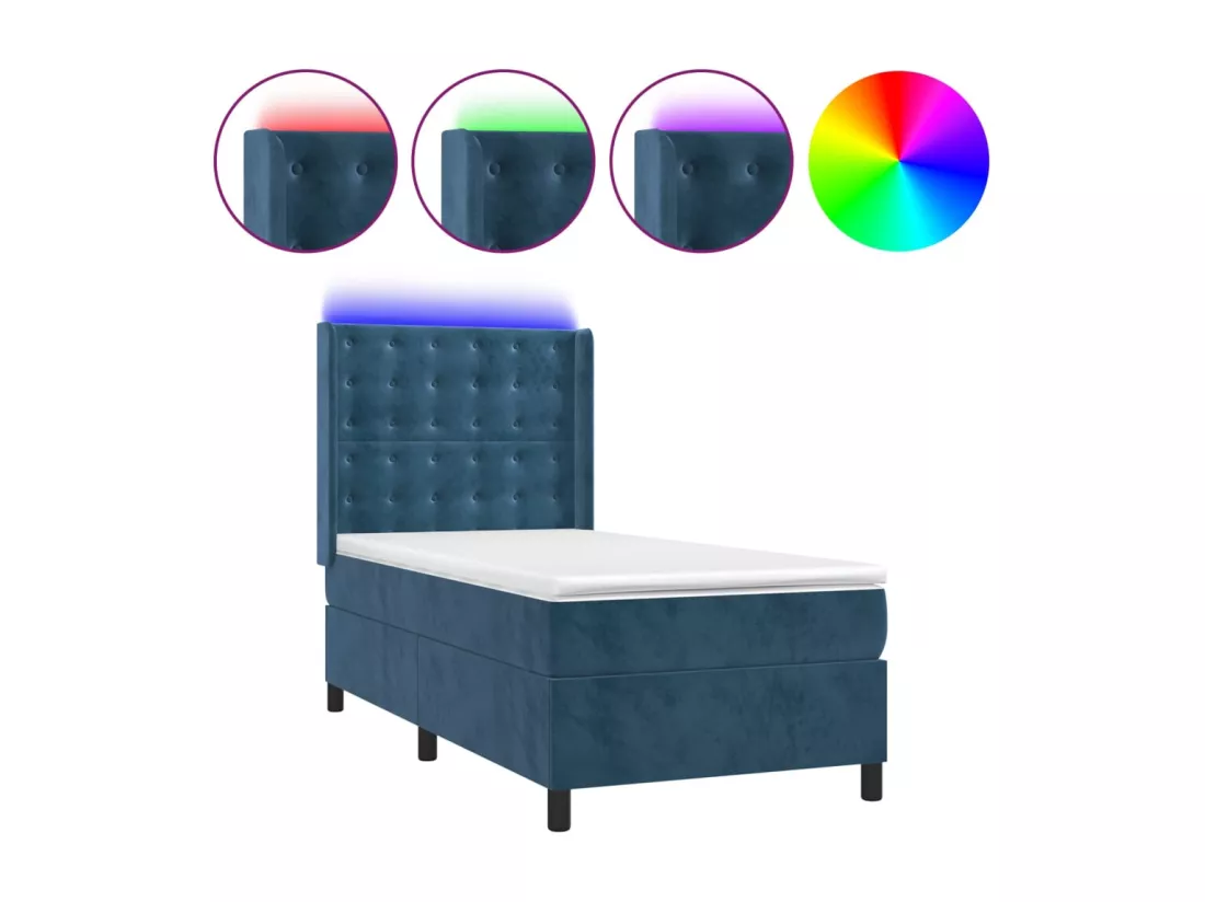 Sommier tapissier et matelas et LED Bleu foncé 90x190cm Velours