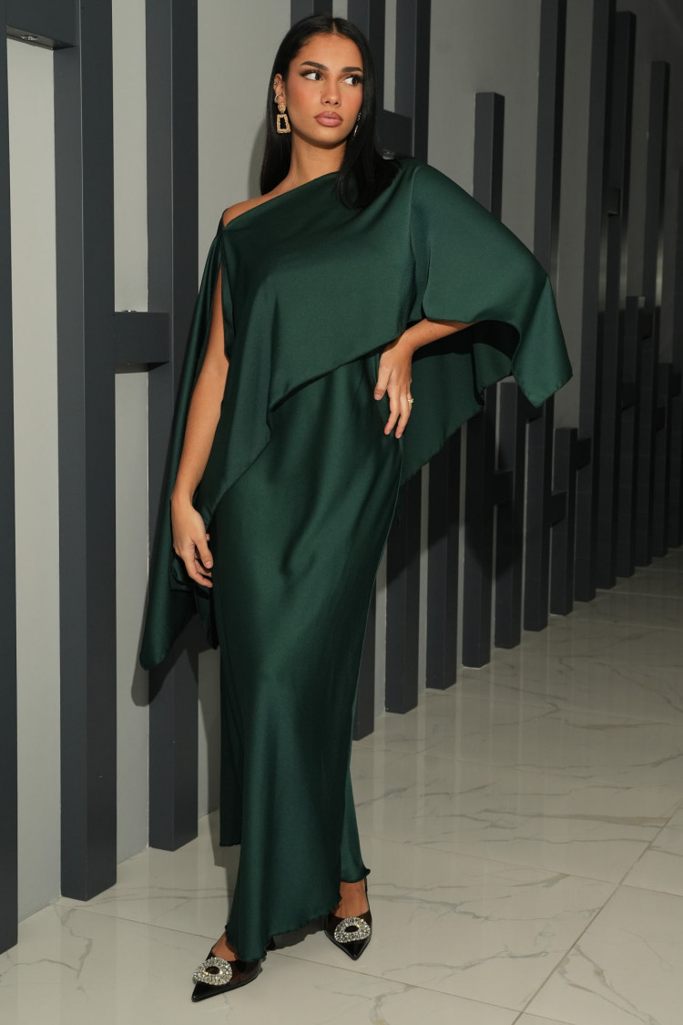 Robe 2 pièces bustier + poncho satiné vert foncé