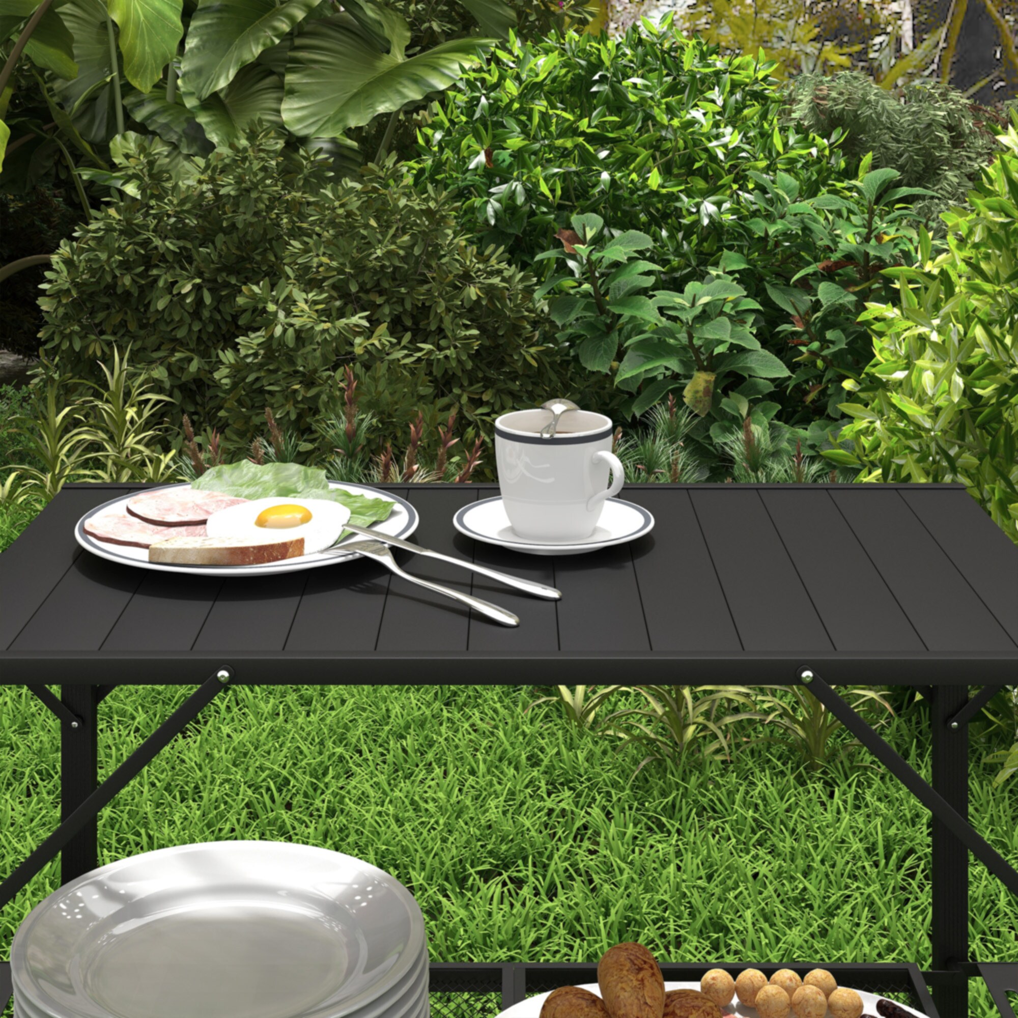 Outsunny Campingtisch mit Regalen schwarz 126L x 44B x 80H cm