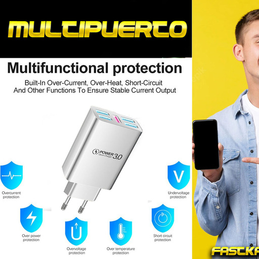 Carregador multifuncional de 5 portas com carregamento rápido para celular, smartwatch e fones de ouvido.