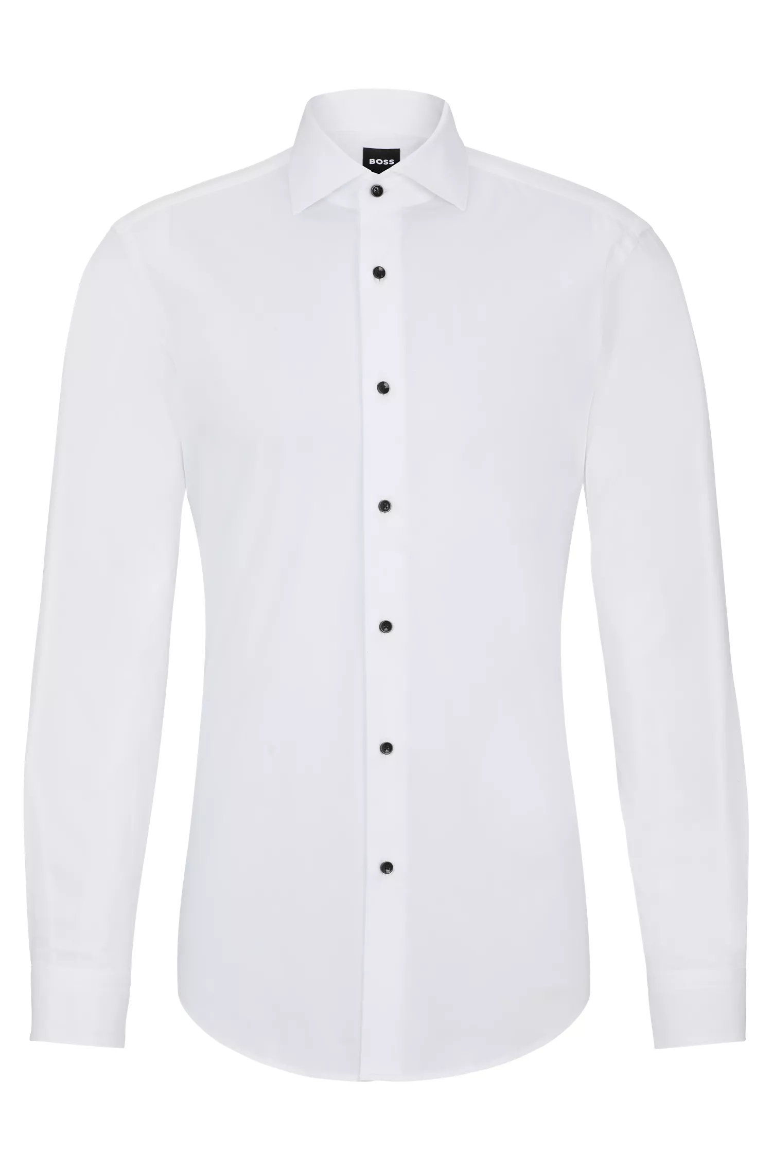 Camisa social BOSS preta, corte slim, em algodão elástico de fácil de passar.