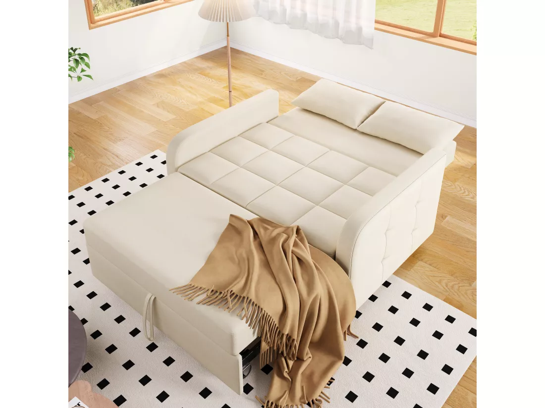 Canapé convertible 2 places, Canapé-lit pliant en tissu lin - 127 x 75 x 94 cm - avec fonction sommeil - Beige