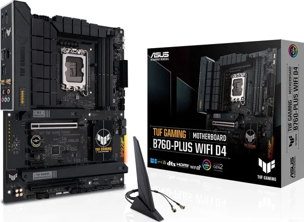 ASUS TUF GAMING B760-PLUS WIFI D4 - Bundkort - ATX - LGA1700 sokkel - B760 Chipset - USB 3.2 Gen 1, USB 3.2 Gen 2, USB-C 3.2 Gen 2x2 - 2.5 Gigabit LAN, Wi-Fi 6, Bluetooth - onboard grafik (CPU påkrævet) - HD Audio (8-kanaler)