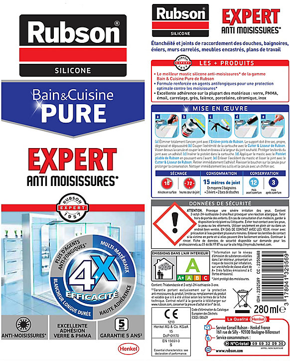 Mastic Rubson Bain&Cuisine Expert Anti-moisissures blanc cartouche 280ml