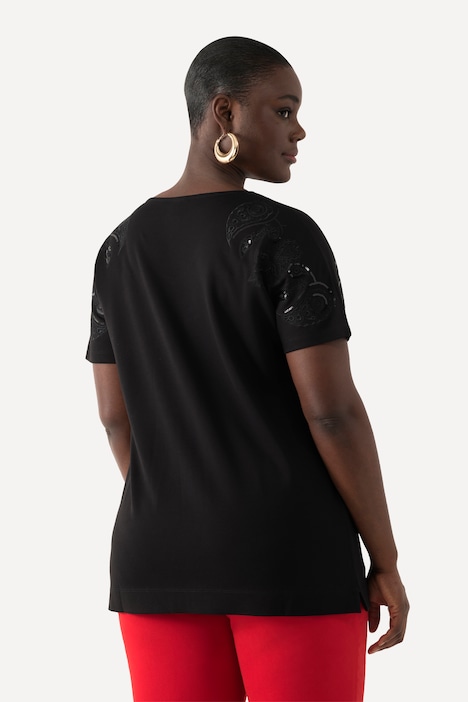 T-Shirt, Pailletten-Stickerei, Oversized, V-Ausschnitt, Halbarm