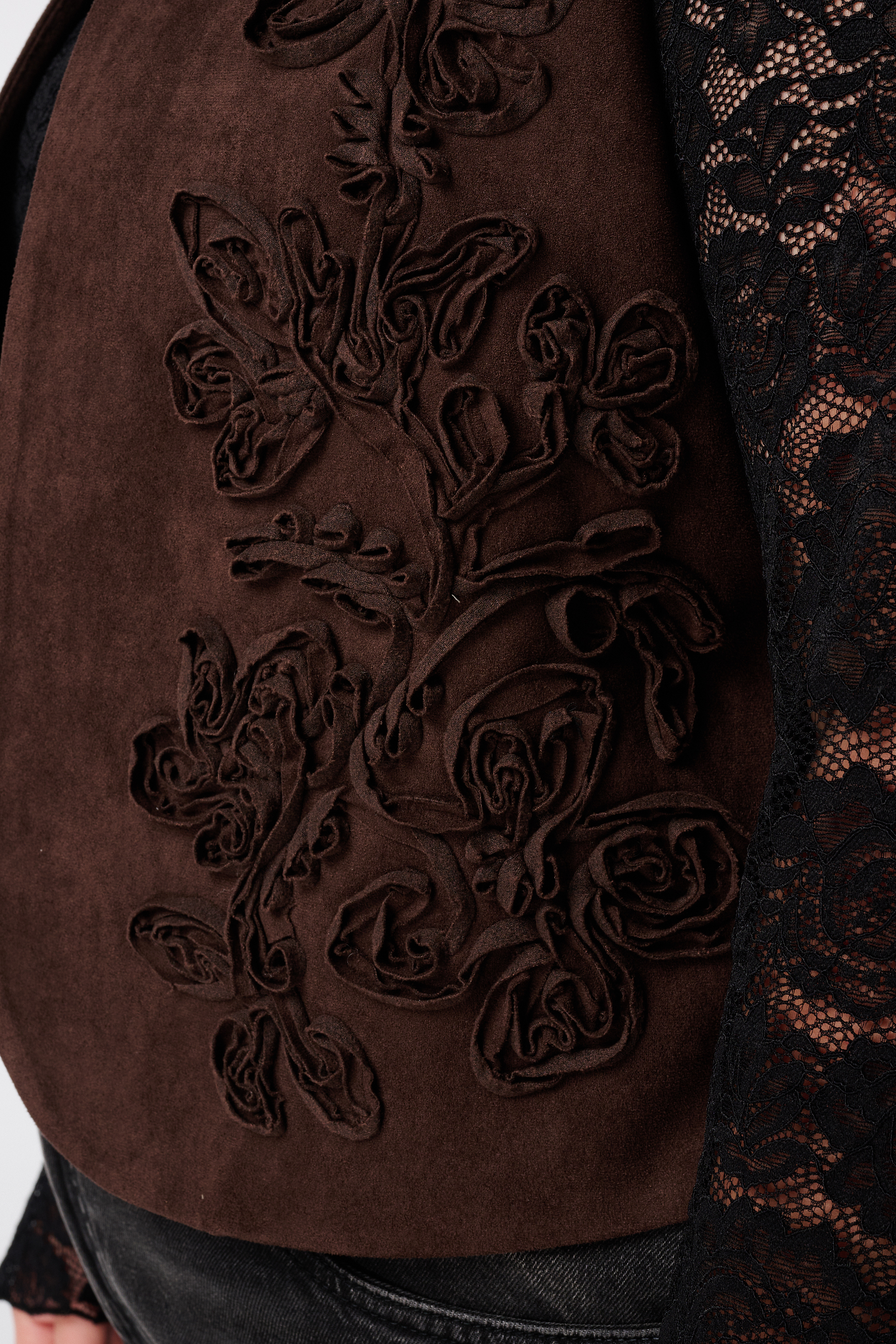 Gilet in suède look met broderie Donker bruin