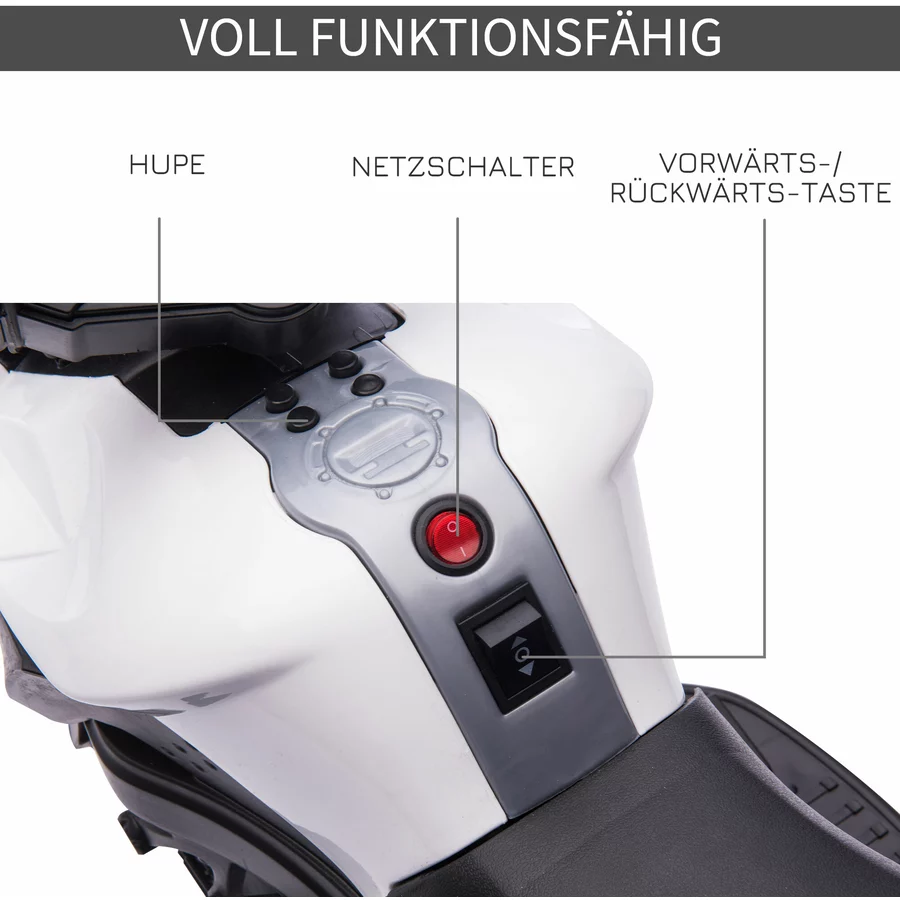 HOMCOM Elektrisches Motorrad für Kinder mit Hupe und Scheinwerfer weiß und schwarz