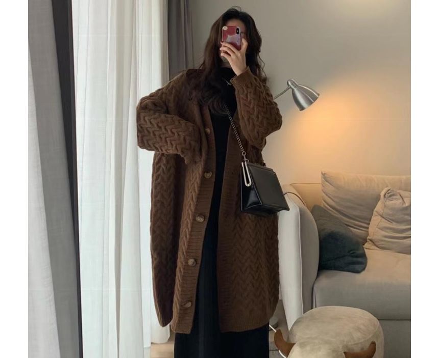 Leoom - V-hals effen kabelgebreide lange cardigan met knoopjes / Lange mouwen mockneck midi A-lijn gebreide jurk