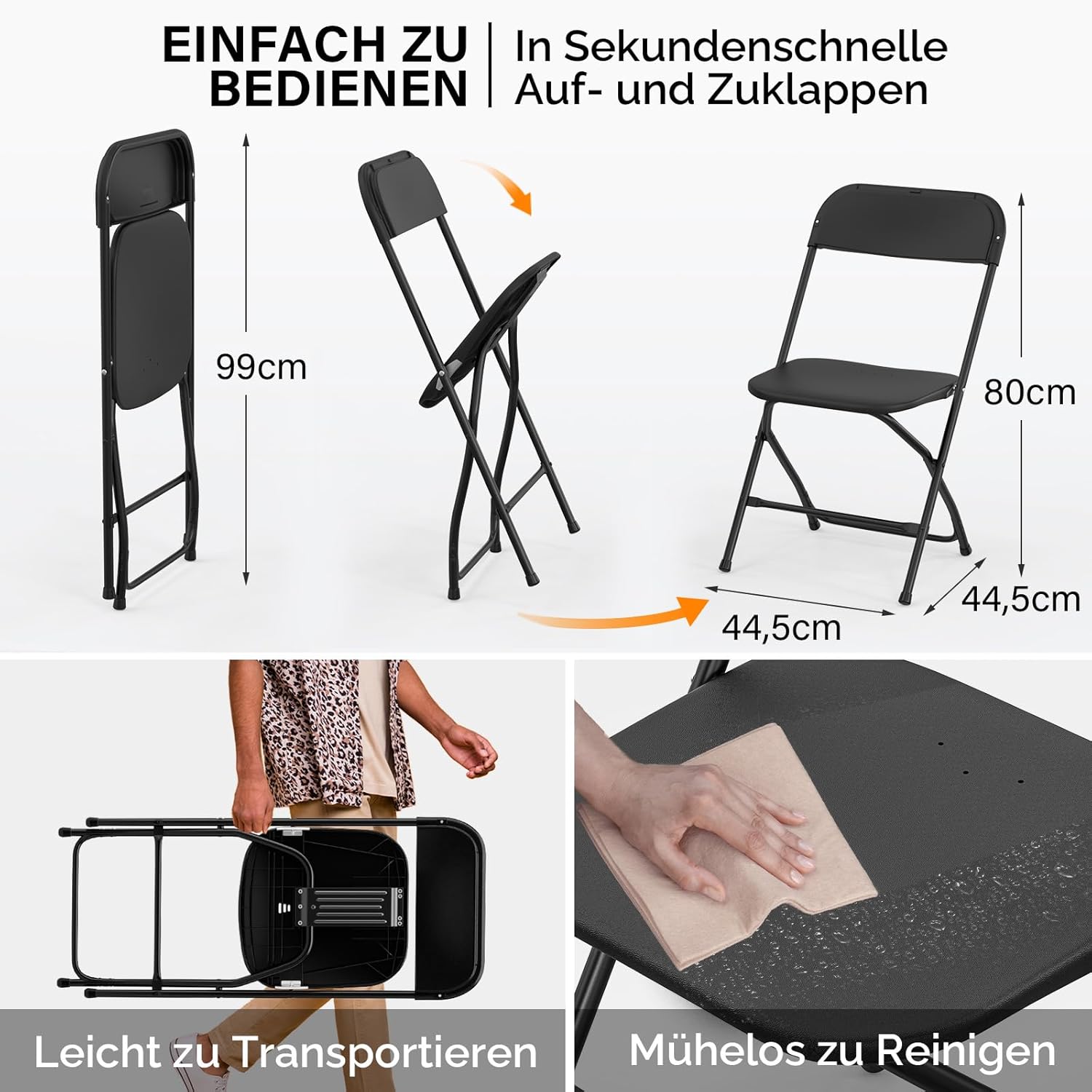 Bonnlo Klappstuhl, Gartenstühle 8er Set, Campingstuhl bis 158KG, Stühle Esszimmer Balkon Büro, Stapelbar, aus Metall & Kunsttoff, Schwarz