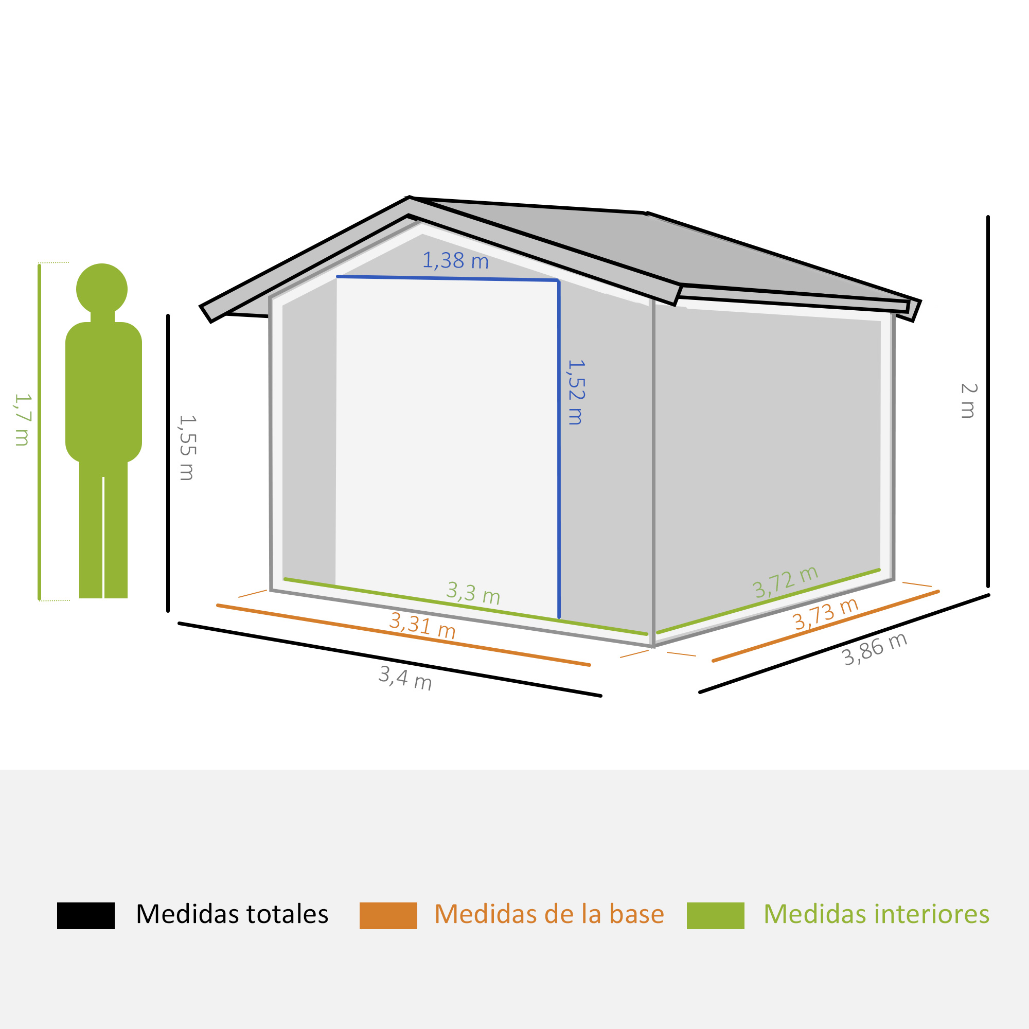 Casinha de jardim externa Outsunny, 12,4 m² (340 x 386 x 200 cm), com 2 portas de correr, base reforçada (piso NÃO incluído), para pátio ou terraço, cor verde.