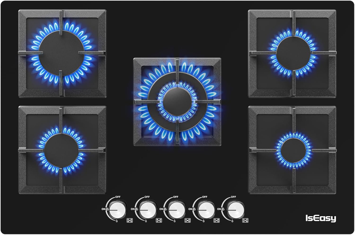 Gaskochfeld 5 Flammig, IsEasy Glas Gaskochfeld mit Automatischer Thermoelementschutz, Einbau 5 Zonen Glas Gaskochfeld, Erdgas(20mbr)/Propangas(30/50 mbr), Schwarz Glasherd, 77cm, 10.5KW