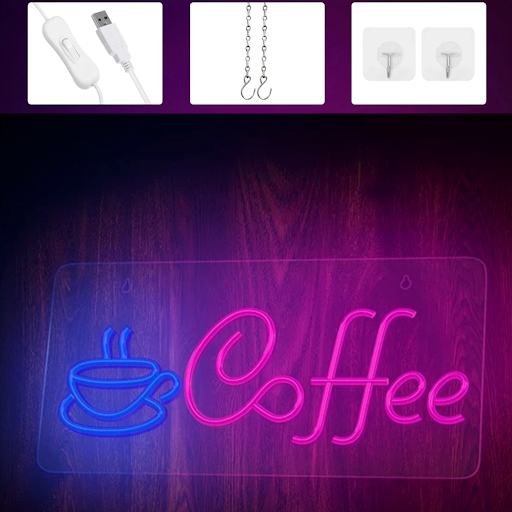 (42x22cm) LED Neon Sign Coffee Wand Deko Licht Schild Home Accessoire (USB) - Pink / Blau
