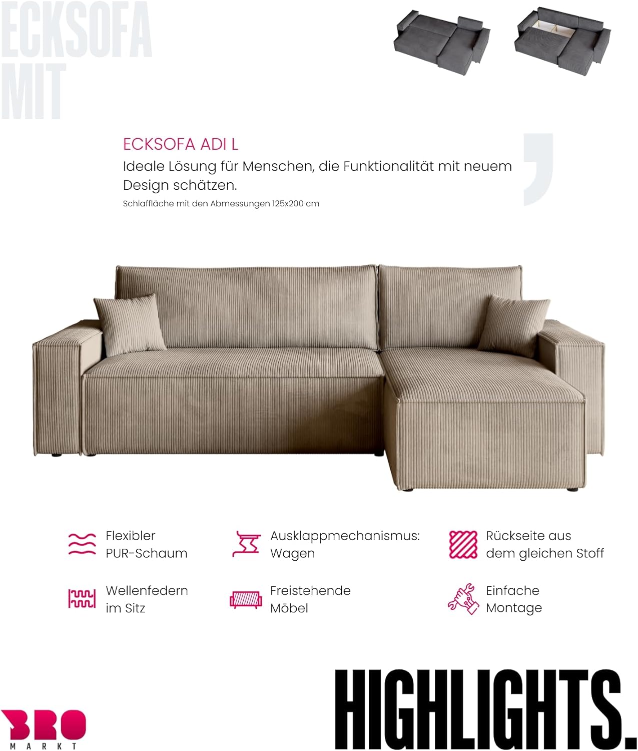 BROMARKT Sofa mit Schlaffunktion Couch L Cordstoff Sofa Bettkasten Schlafsofa für Wohnzimmer Ecksofa freistehend Adi Relaxsofa 3 sitzer 244x143x85 cm Beige