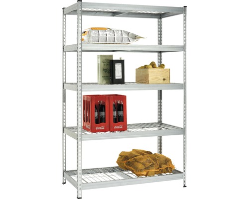 Robuuste stellingkast Robus 350, gegalvaniseerd, 198x122x61 cm, 5 roosterplanken, draagvermogen 1750 kg