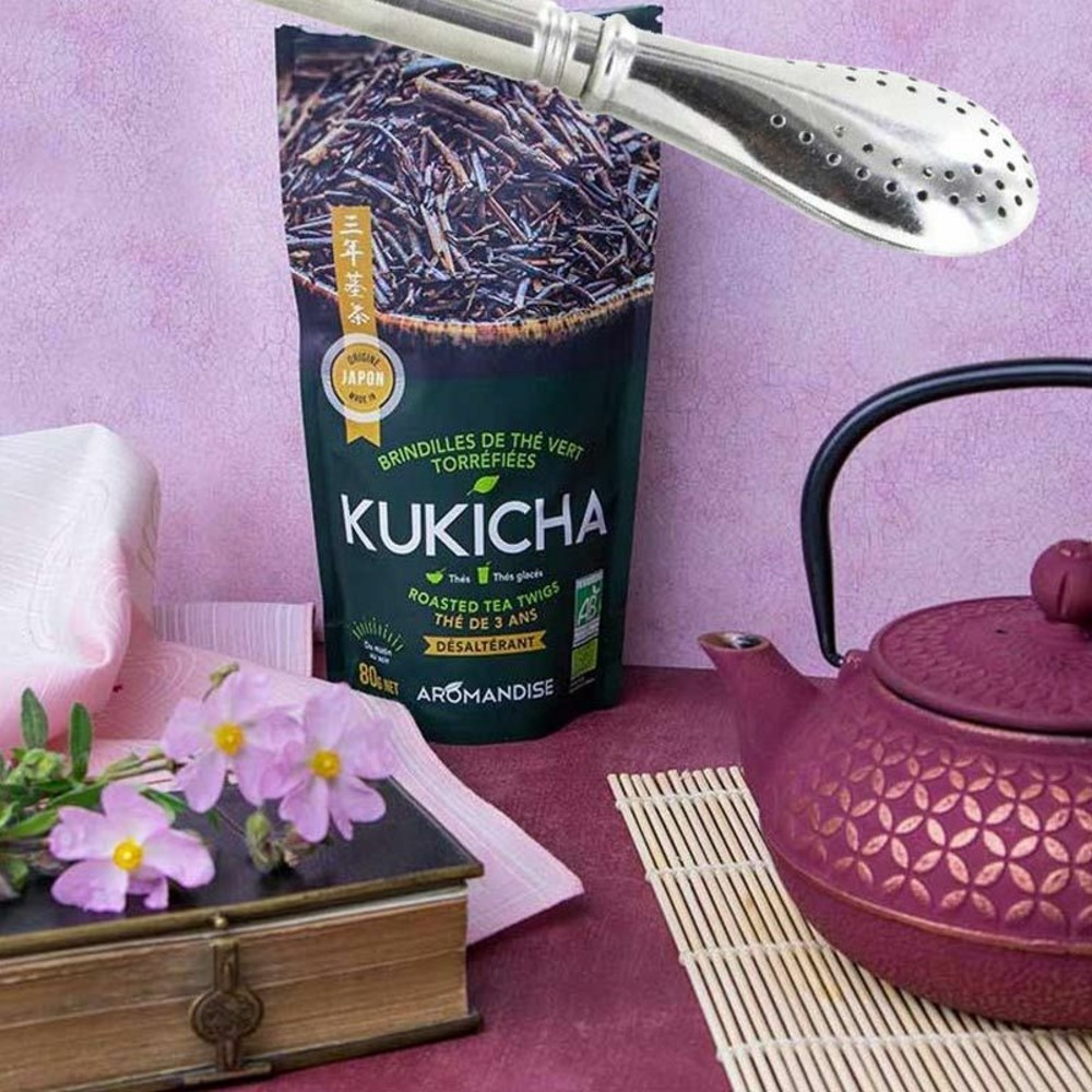 Sachet de thé bio japonais kukicha 80 g + paille inox avec filtre