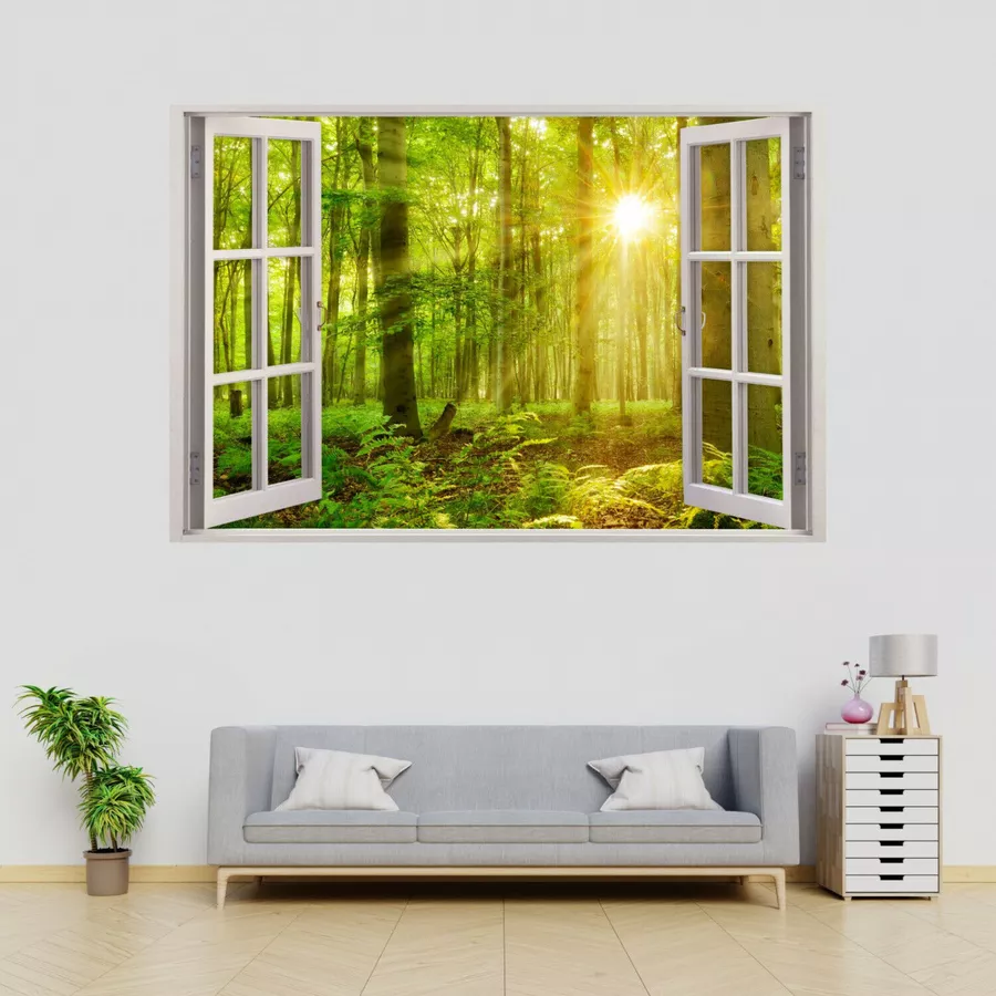 Nikima Wandtattoo 216 Fenster - grüner Wald 2 Sonnenstrahlen in 5 vers. Größen grün