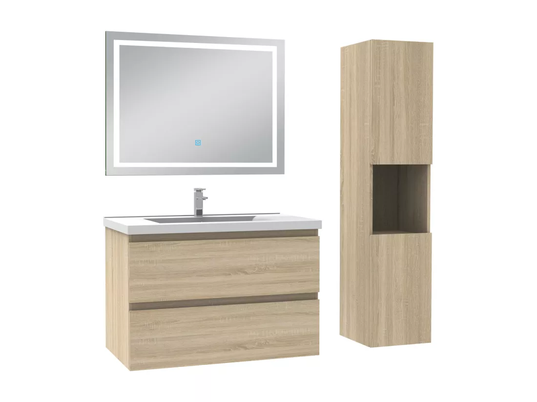 Ensemble meuble salle de Bain 80cm avec colonne et miroir 3 couleurs Chêne Wotan