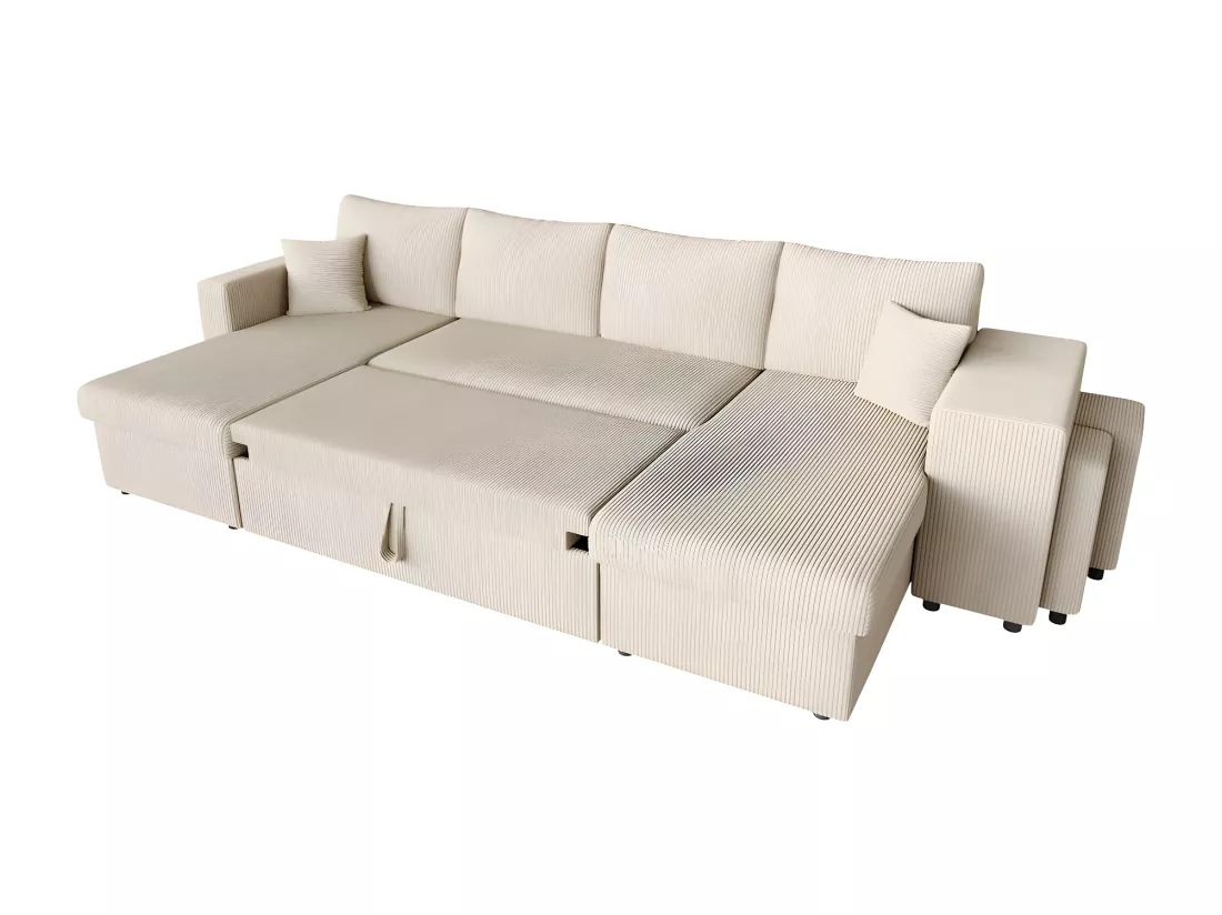 Canapé panoramique Oslo convertible avec 2 coffres, 2 poufs à droite en velours côtelé beige - L311 x P146 x H81cm - Loungitude
