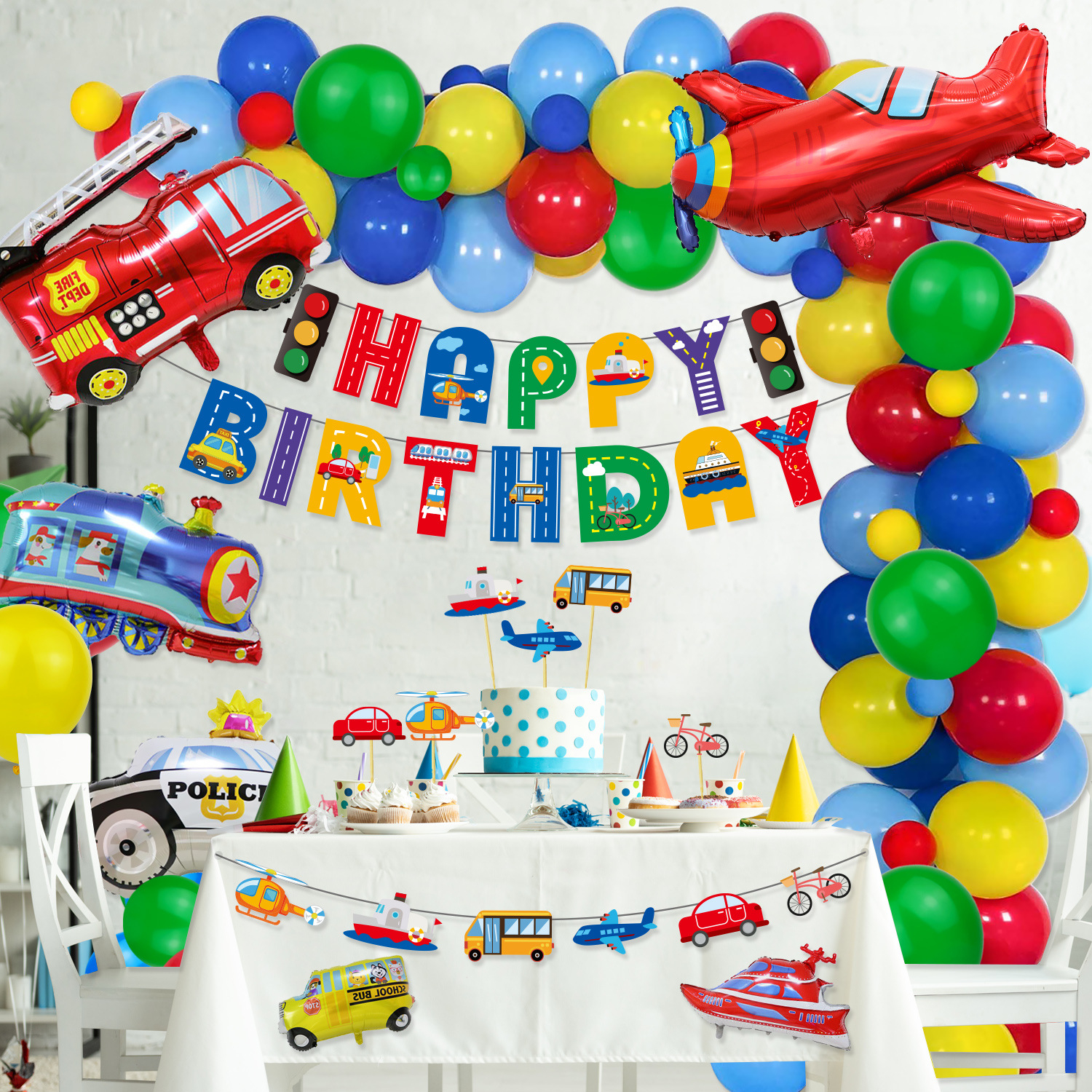 (83-tlg. Set) Happy Birthday Girlande Fahrzeuge Kinder Geburtstags Party Deko   Latex- & Folienballons / Kuchenstecker / Hautsticker - Bunt