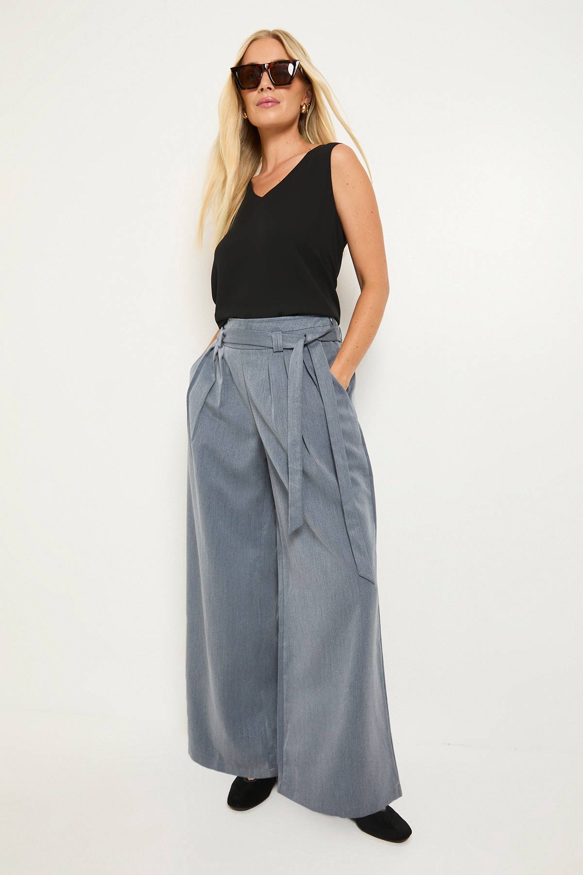 Wallis Pantalon Large Ceinturé Effet Denim Petite