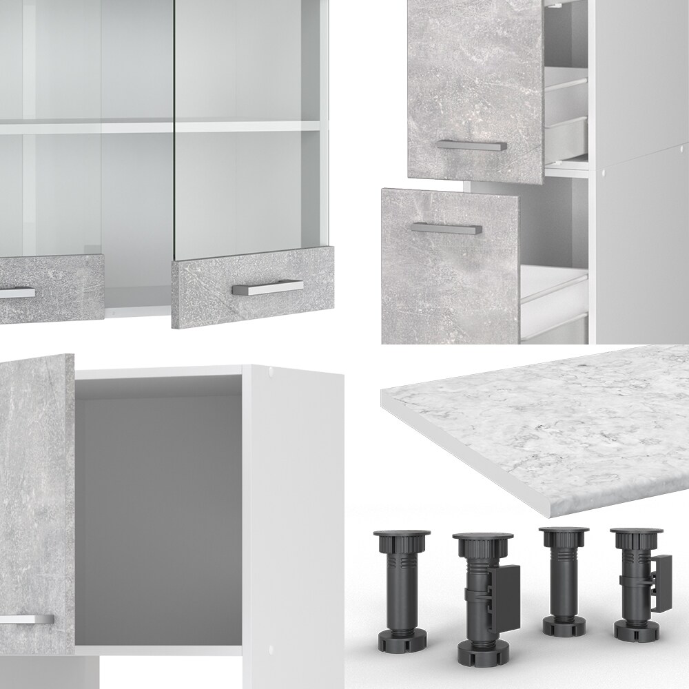 Vicco Küchenzeile Küchenblock Einbauküche R-Line 350 cm Weiß Beton Arbeitsplatte