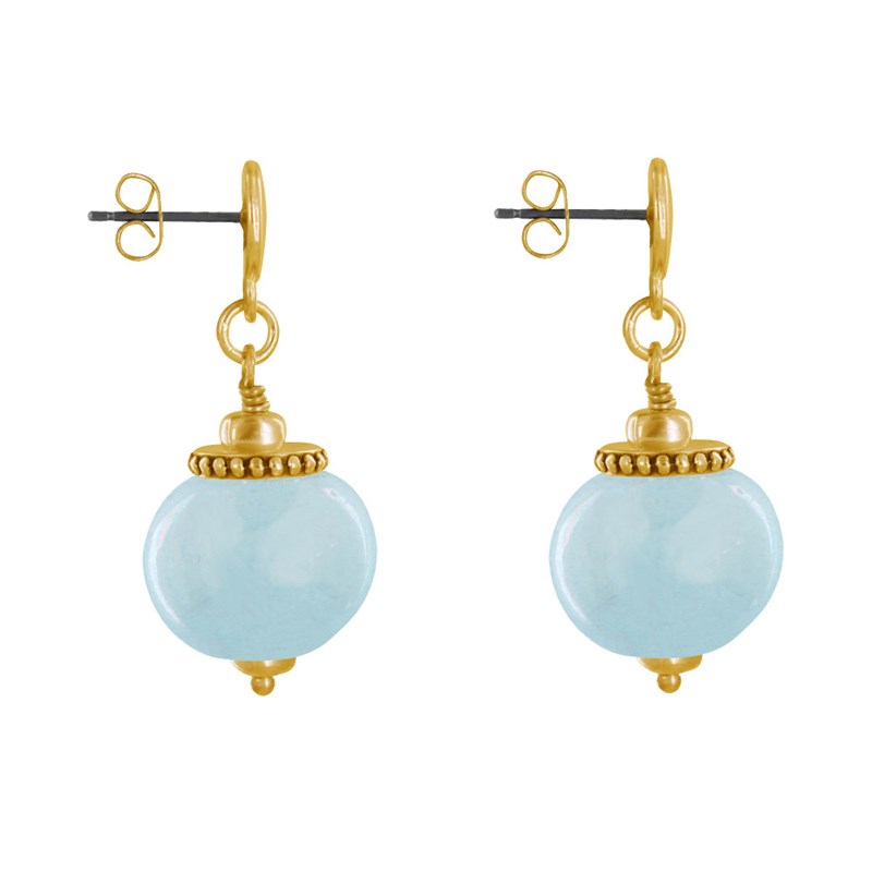 Boucles d'Oreilles Clous Métal Doré et Grosses Perles en Céramique