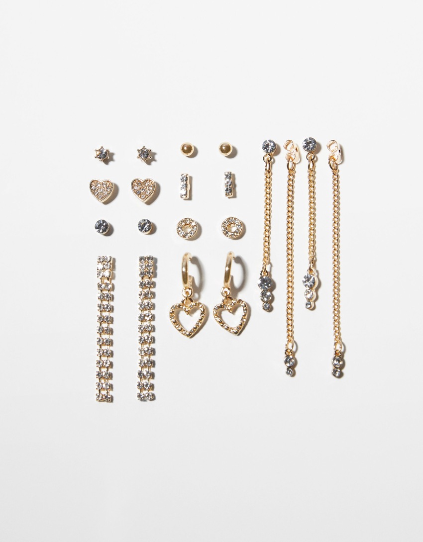 Conjunto de 9 brincos pendentes com strass